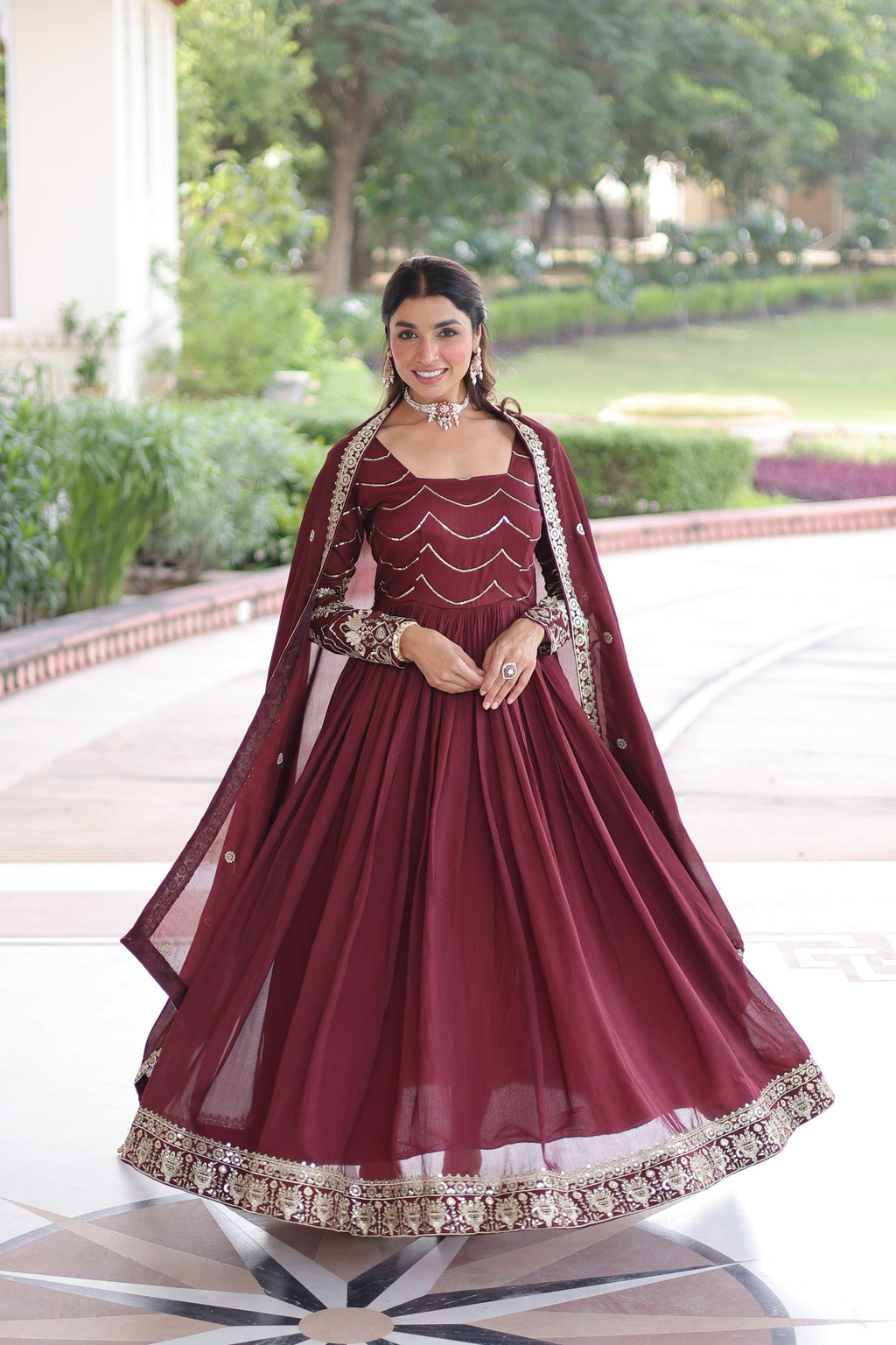 Brown Vichitra Silk Gown with Rich Sequins Embroidery