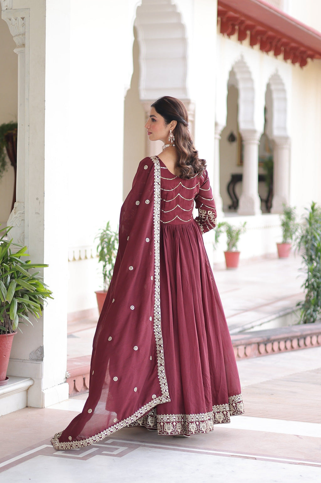 Brown Vichitra Silk Gown with Rich Sequins Embroidery