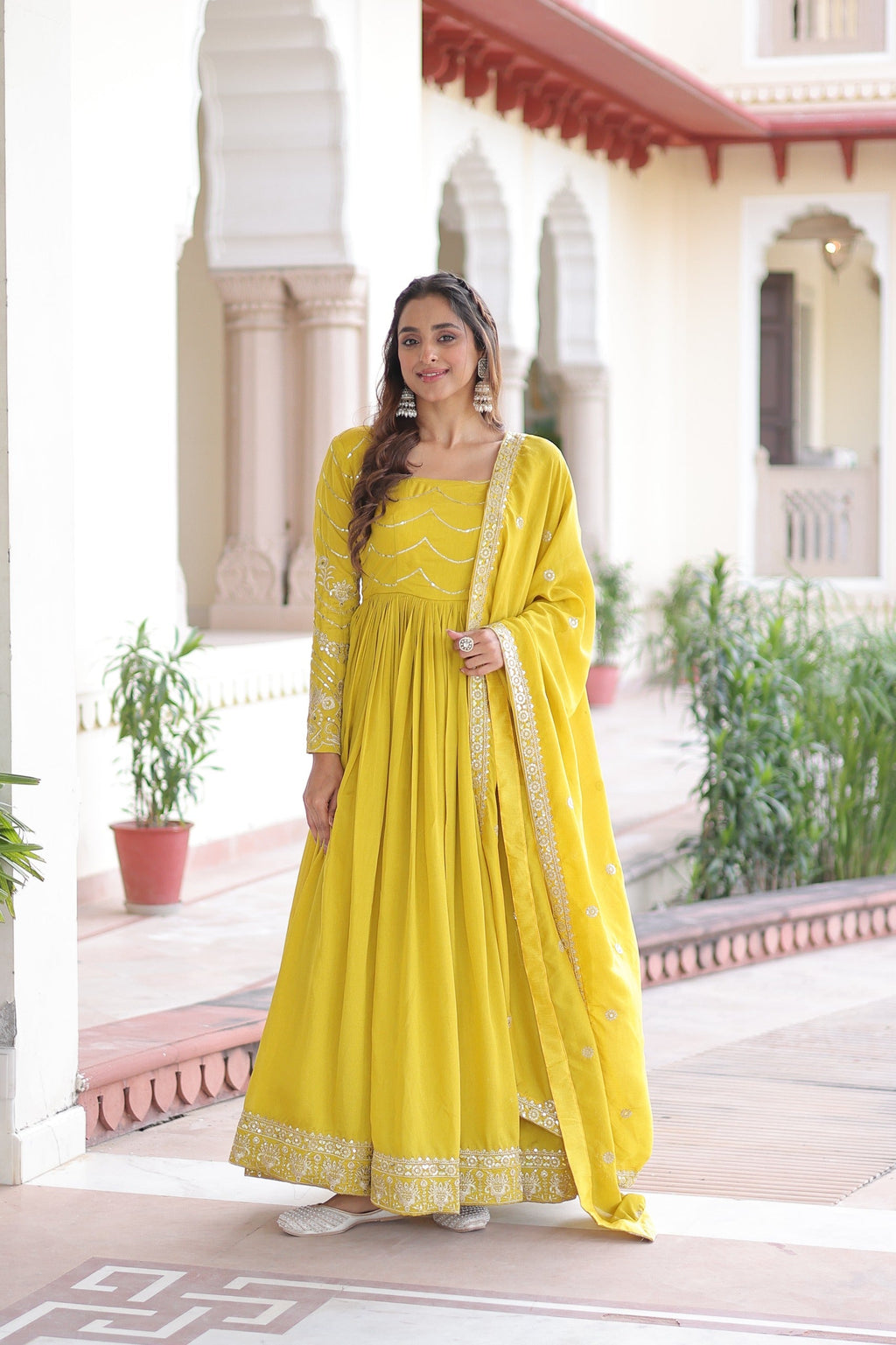 Prazu Fashion Yellow Vichitra Silk Rich Sequins Embroidered Work Gown With Dupatta