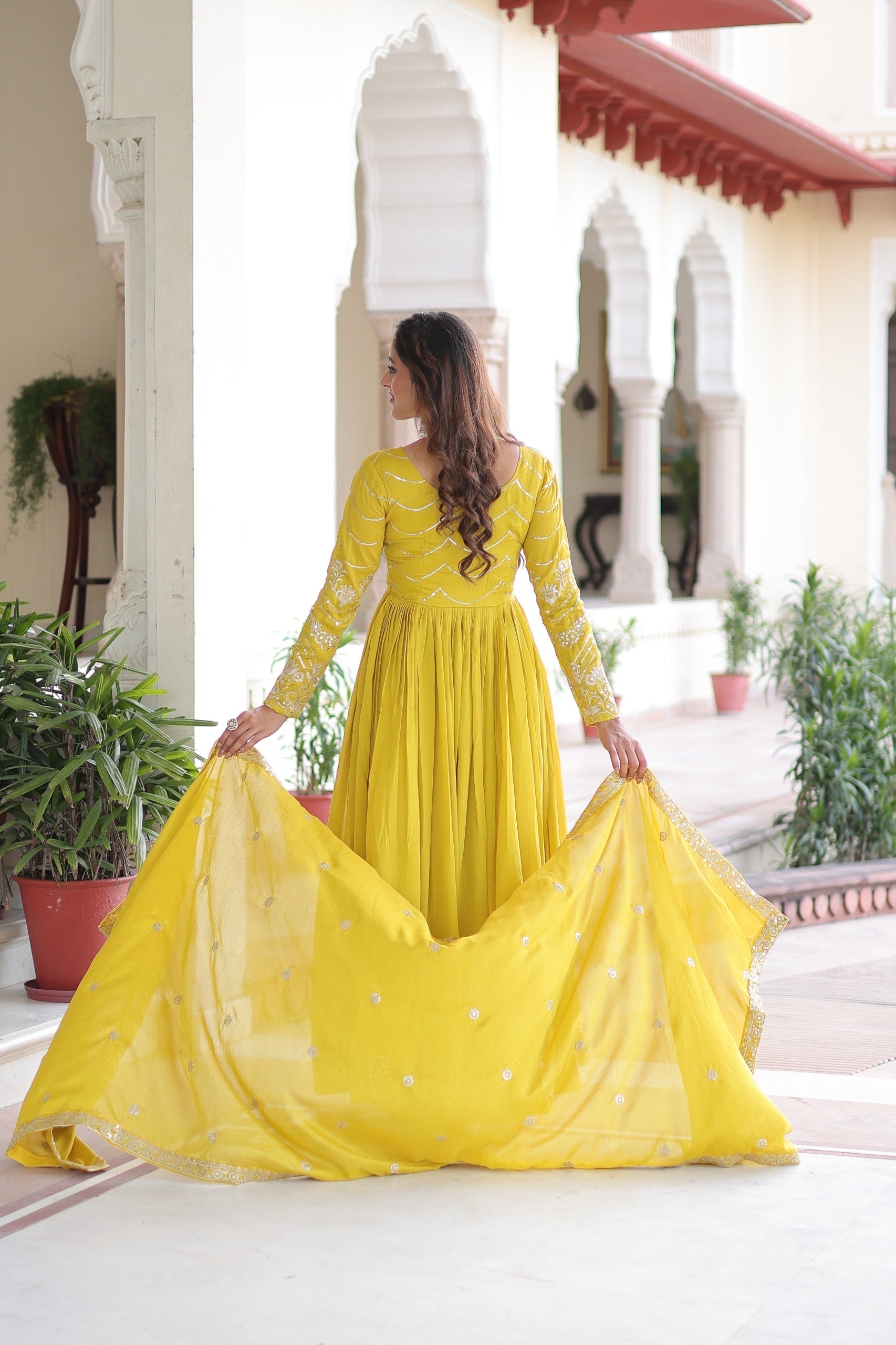 Prazu Fashion Yellow Vichitra Silk Rich Sequins Embroidered Work Gown With Dupatta