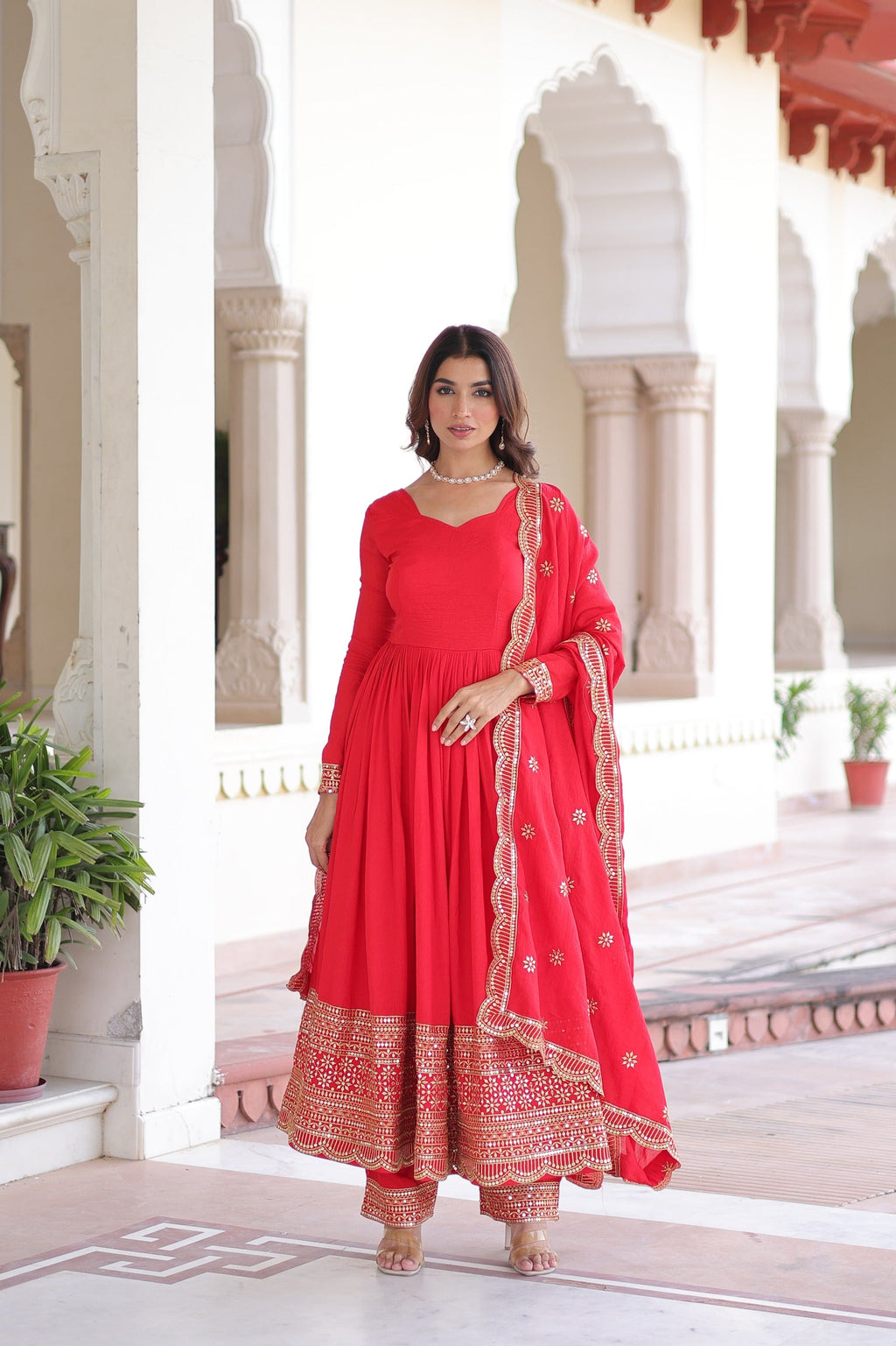 Prazu Fashion Red Vichitra Silk With Rich Sequins Embroidered Work Anarkali Suit