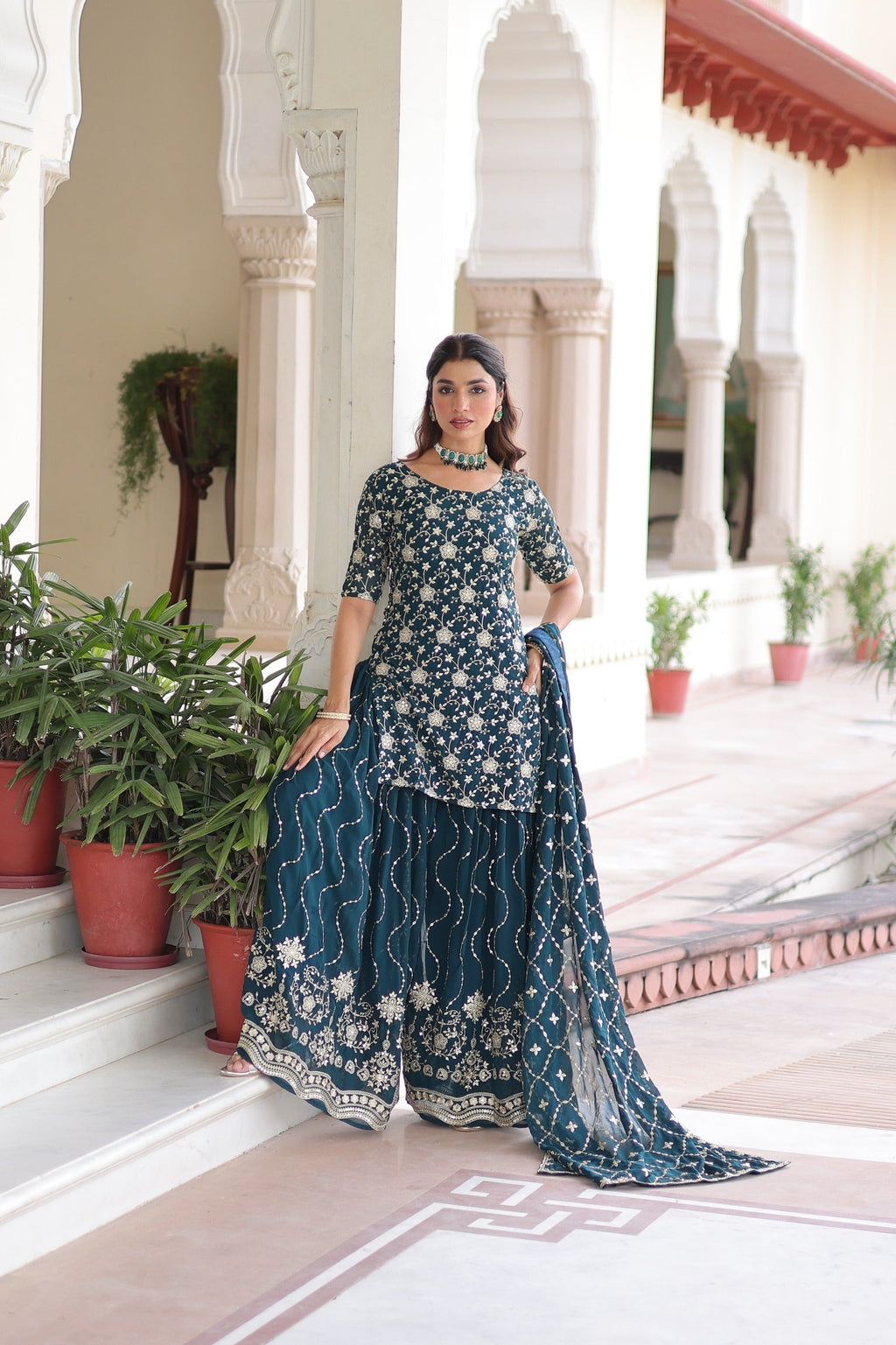 Blue Georgette Sharara Suit with Rich Sequins Embroidery