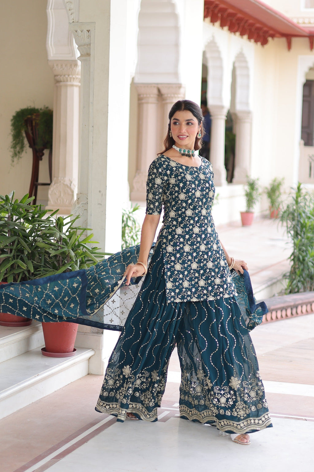 Blue Georgette Sharara Suit with Rich Sequins Embroidery