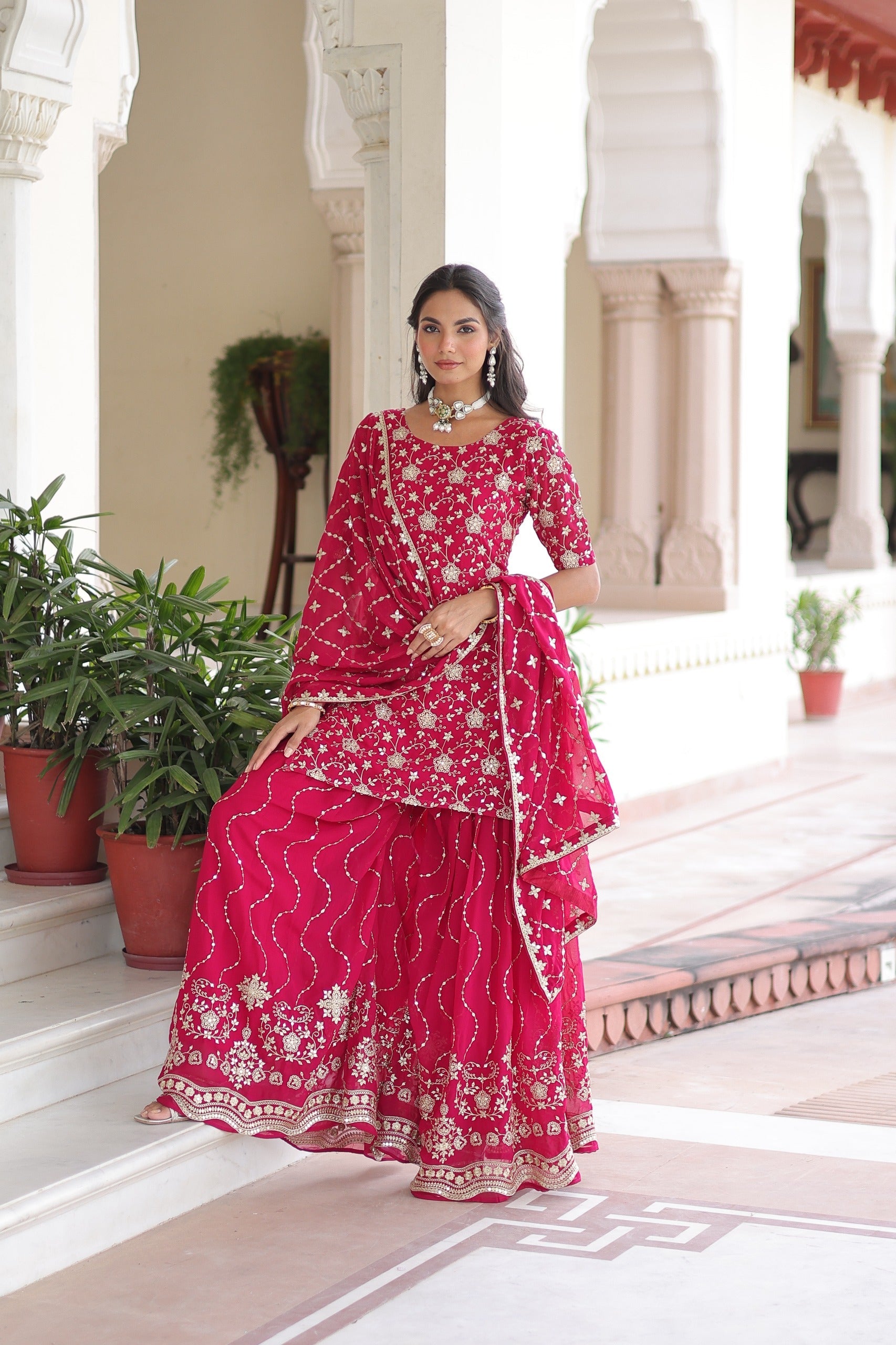 Pink Georgette Sharara Suit with Rich Sequins Embroidery