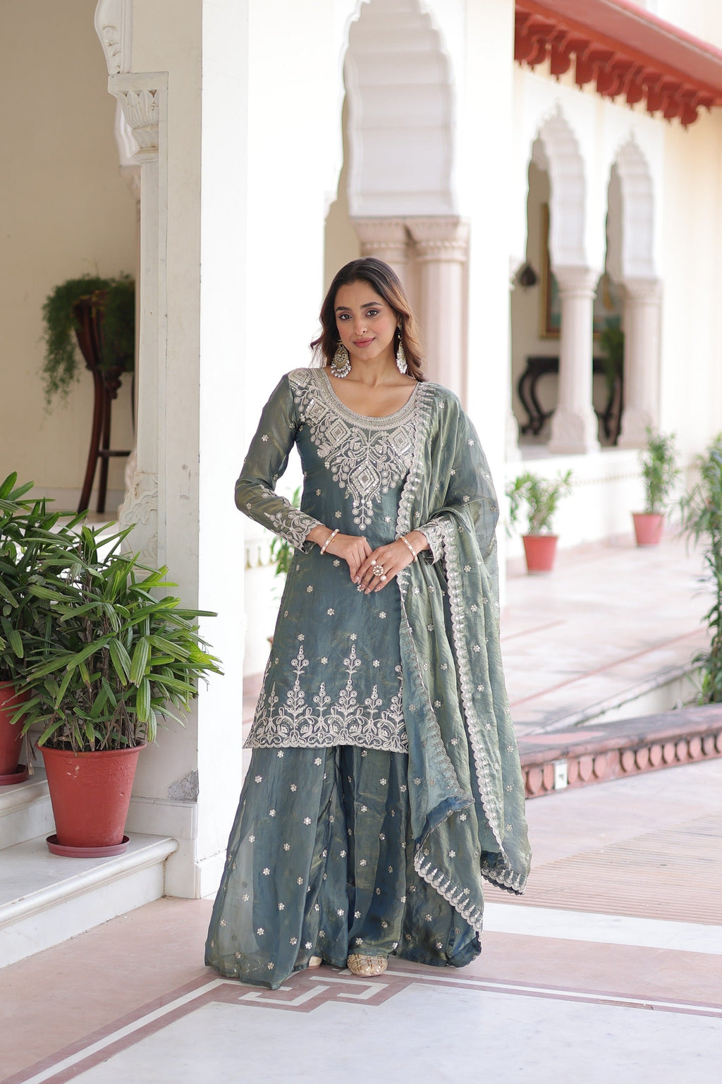 Light Grey Fendi Silk Sharara Suit with Coding Sequins
