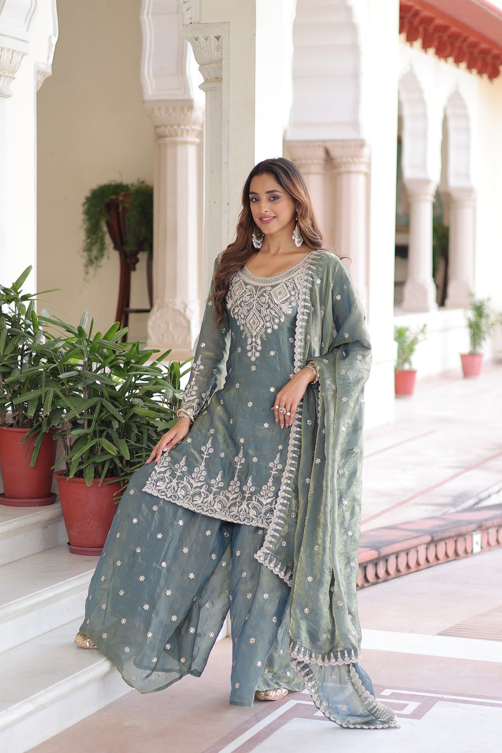 Light Grey Fendi Silk Sharara Suit with Coding Sequins