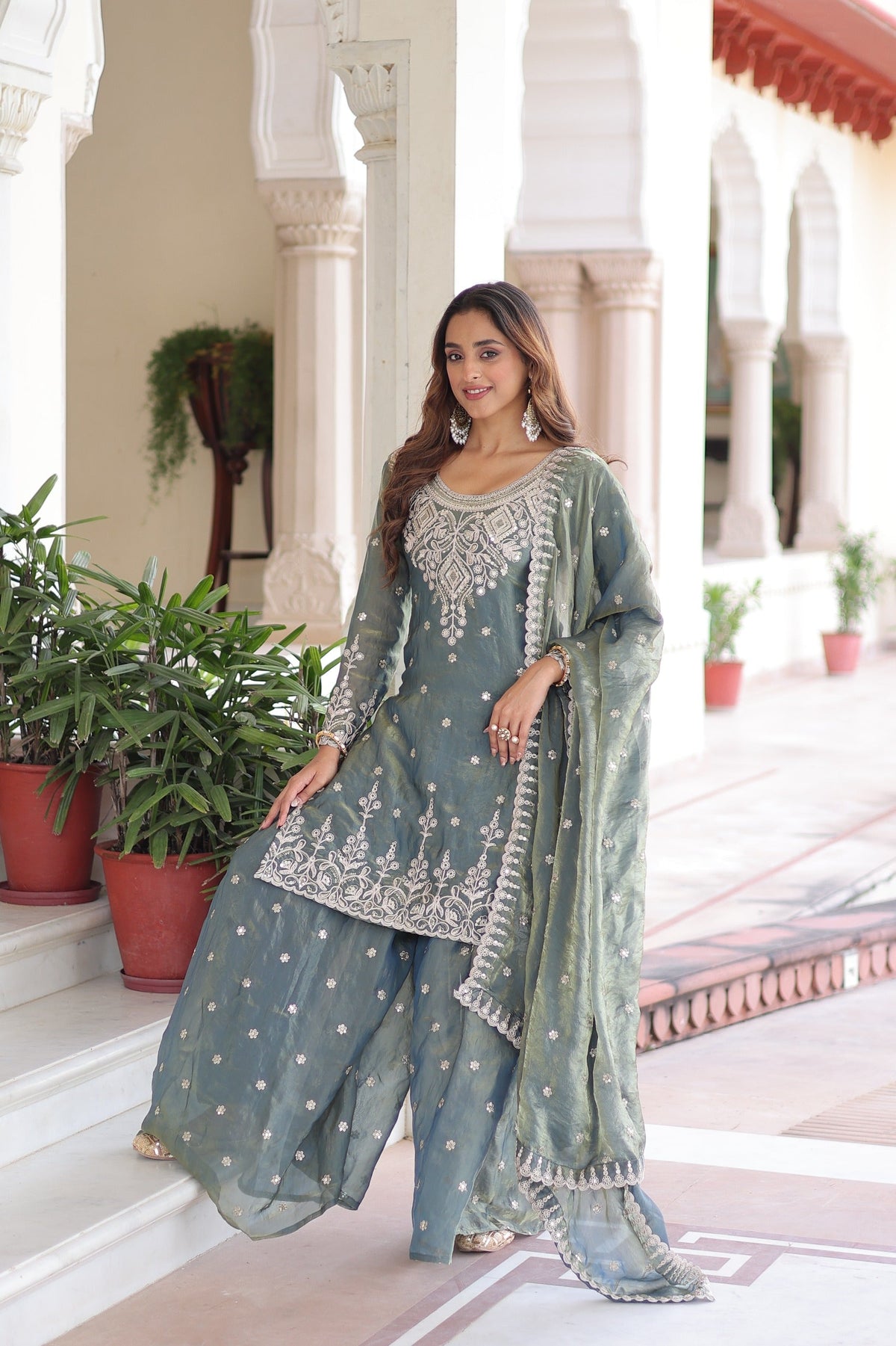Light Grey Fendi Silk Sharara Suit with Coding Sequins