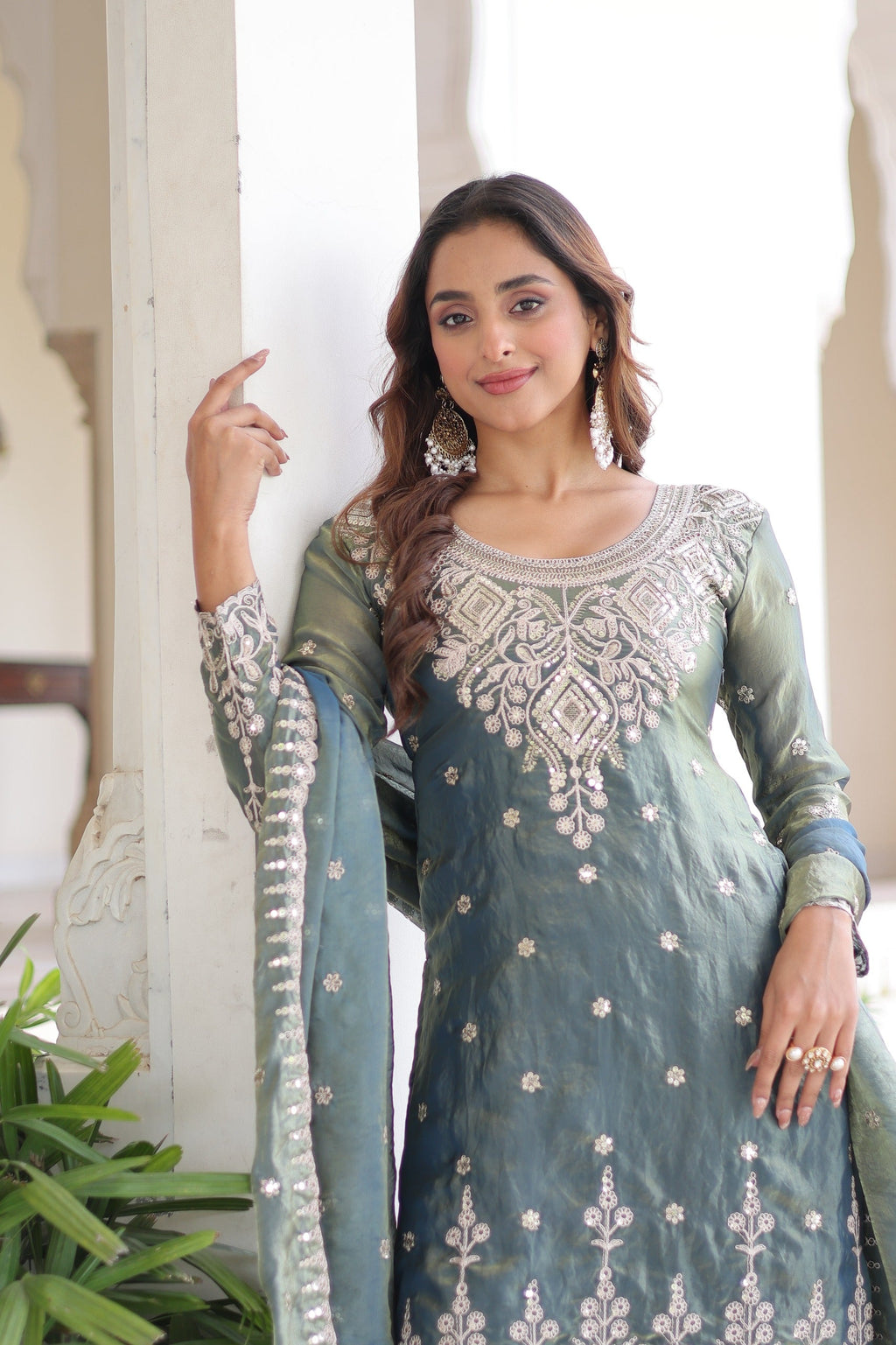 Light Grey Fendi Silk Sharara Suit with Coding Sequins