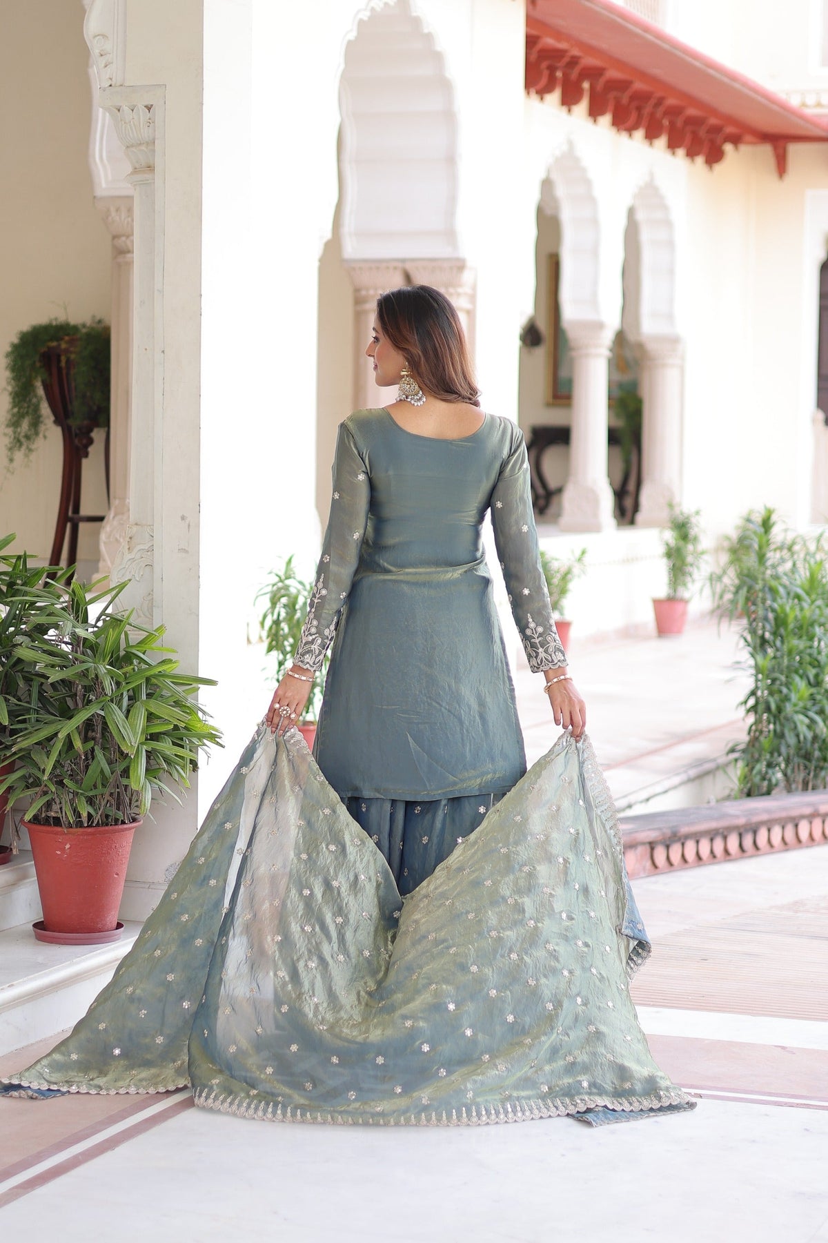 Light Grey Fendi Silk Sharara Suit with Coding Sequins