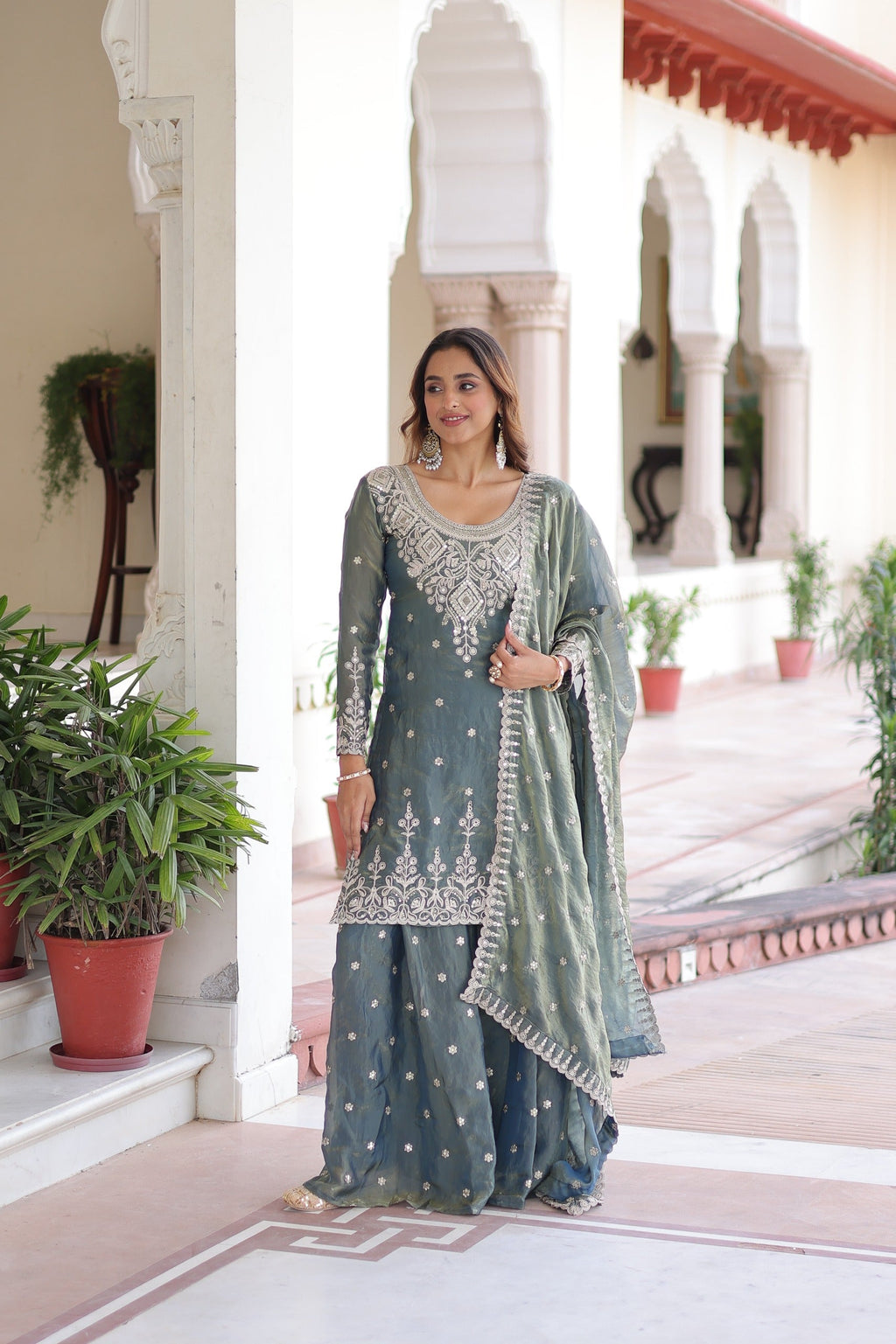 Light grey Fendi silk kurti with coding sequins work and matching sharara