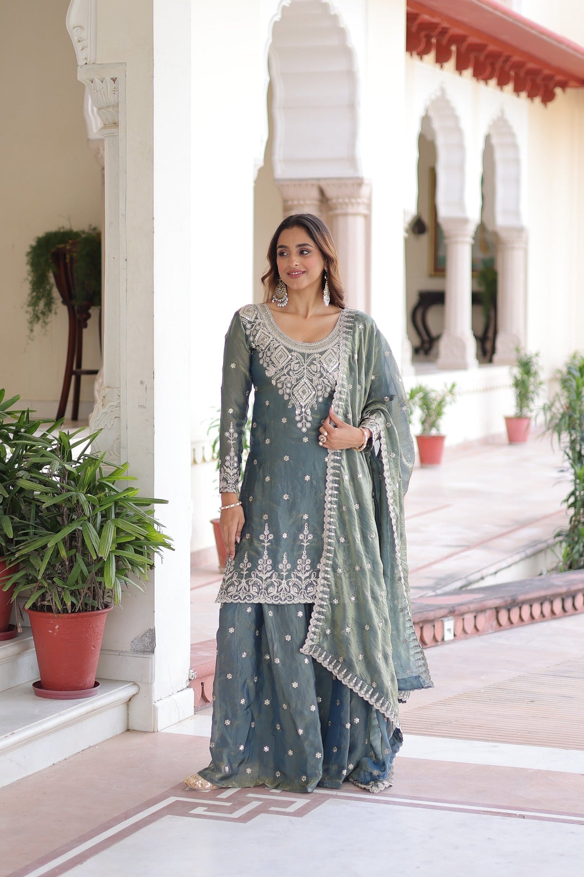 Light grey Fendi silk kurti with coding sequins work and matching sharara