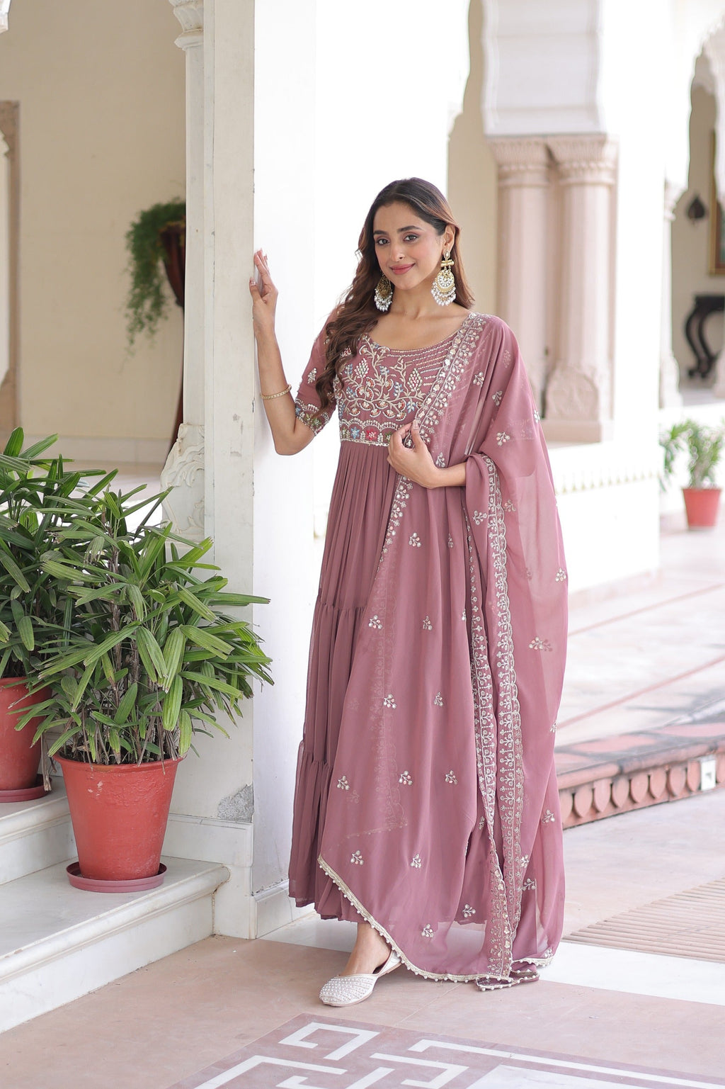 Onion Pink Georgette Sequins Embroidered Gown With Dupatta