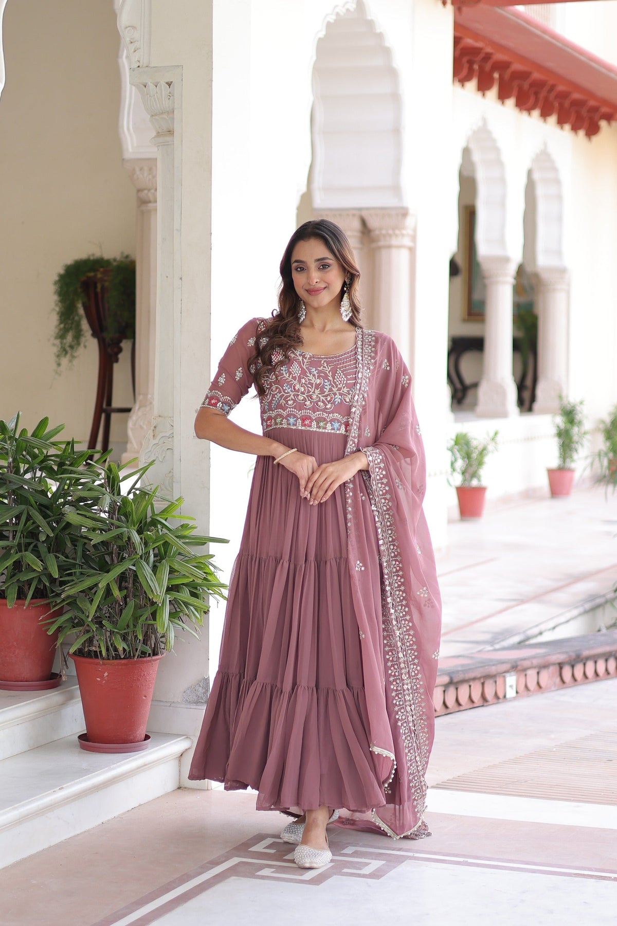 Onion Pink Georgette Sequins Embroidered Gown With Dupatta