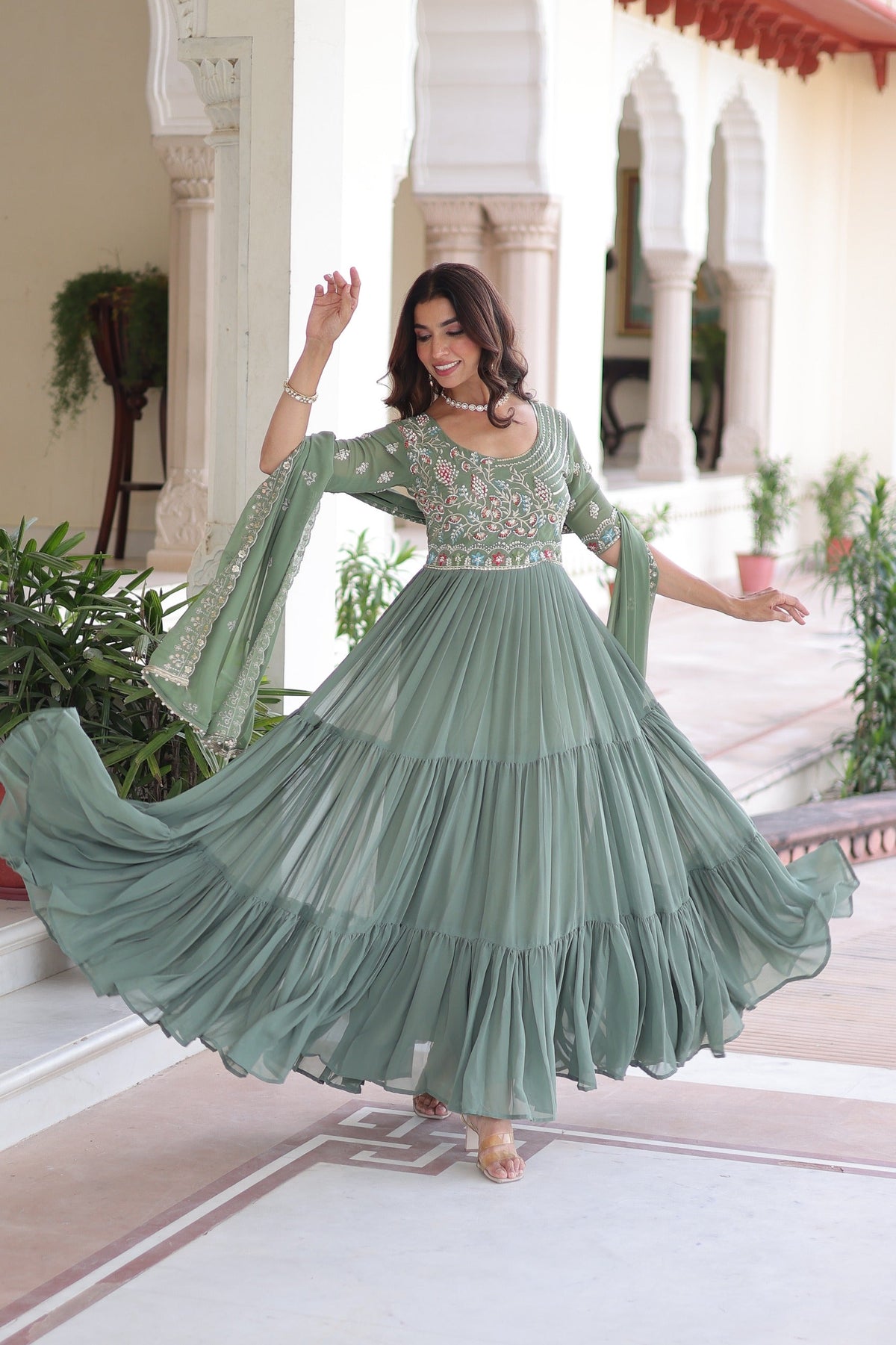 Sea Green Georgette Sequins Embroidered Gown With Dupatta