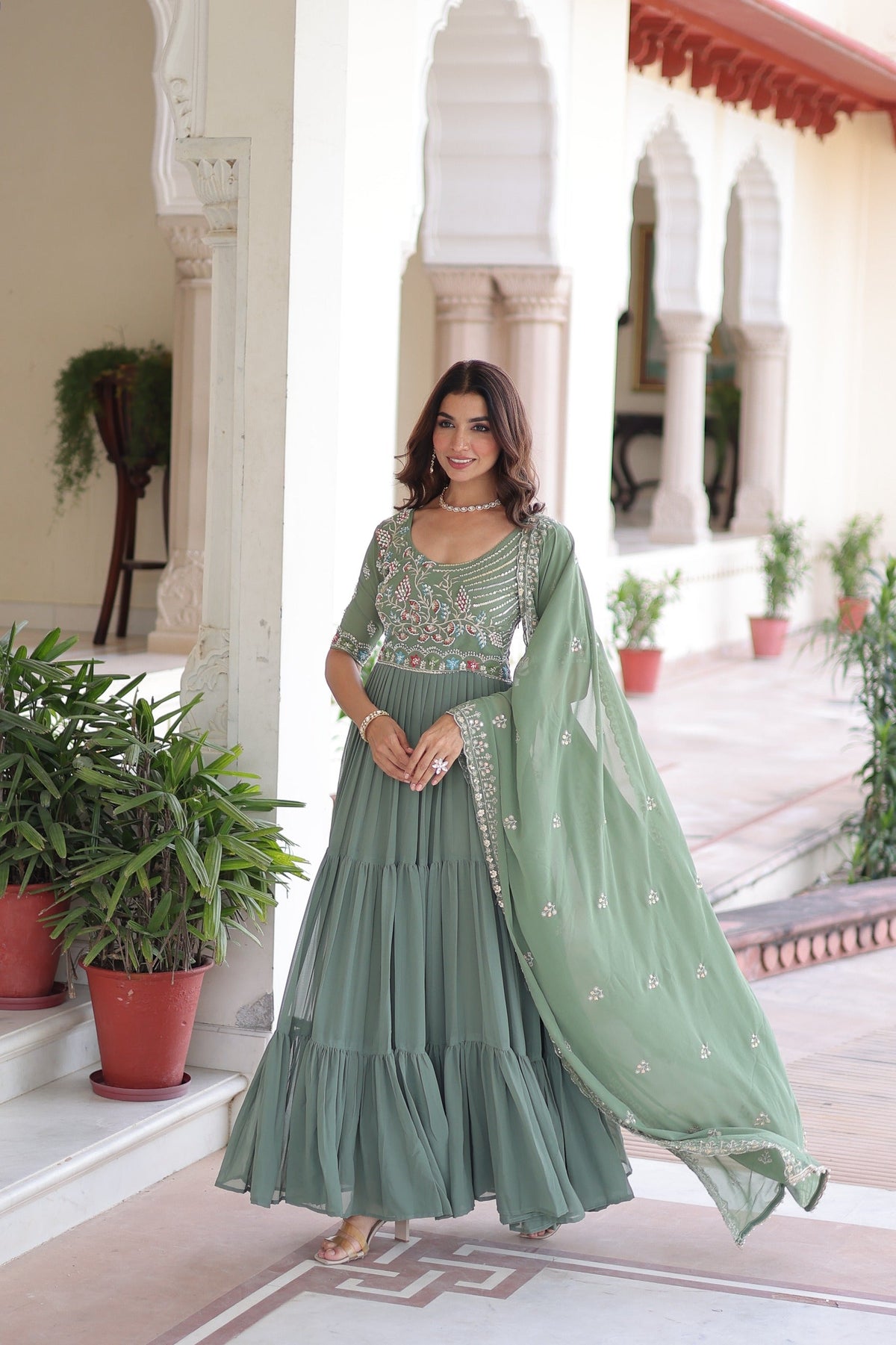 Sea Green Georgette Sequins Embroidered Gown With Dupatta