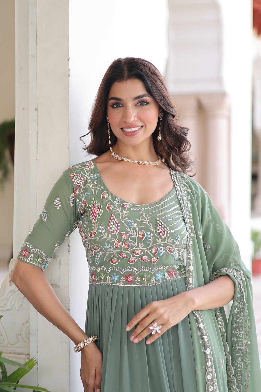 Sea Green Georgette Sequins Embroidered Gown With Dupatta