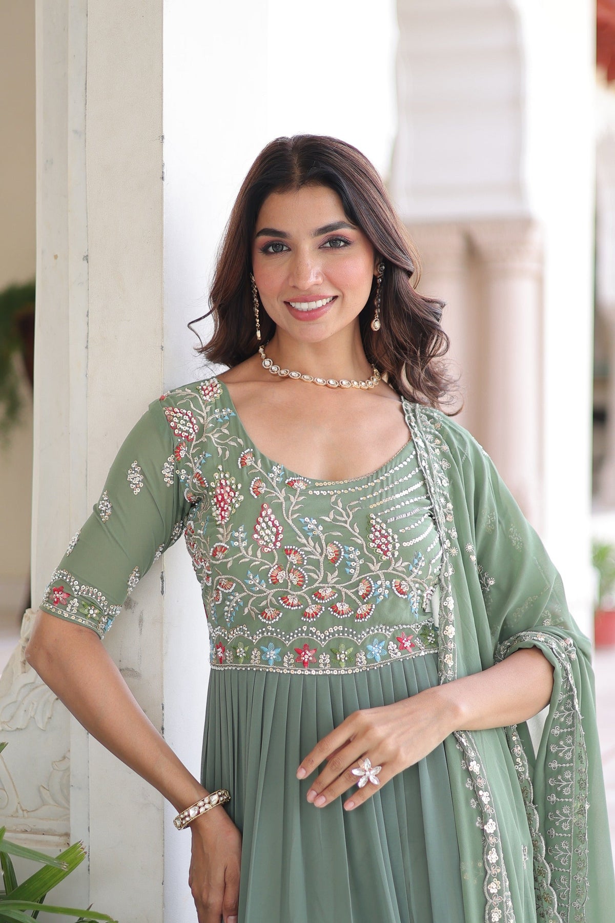Sea Green Georgette Sequins Embroidered Gown With Dupatta