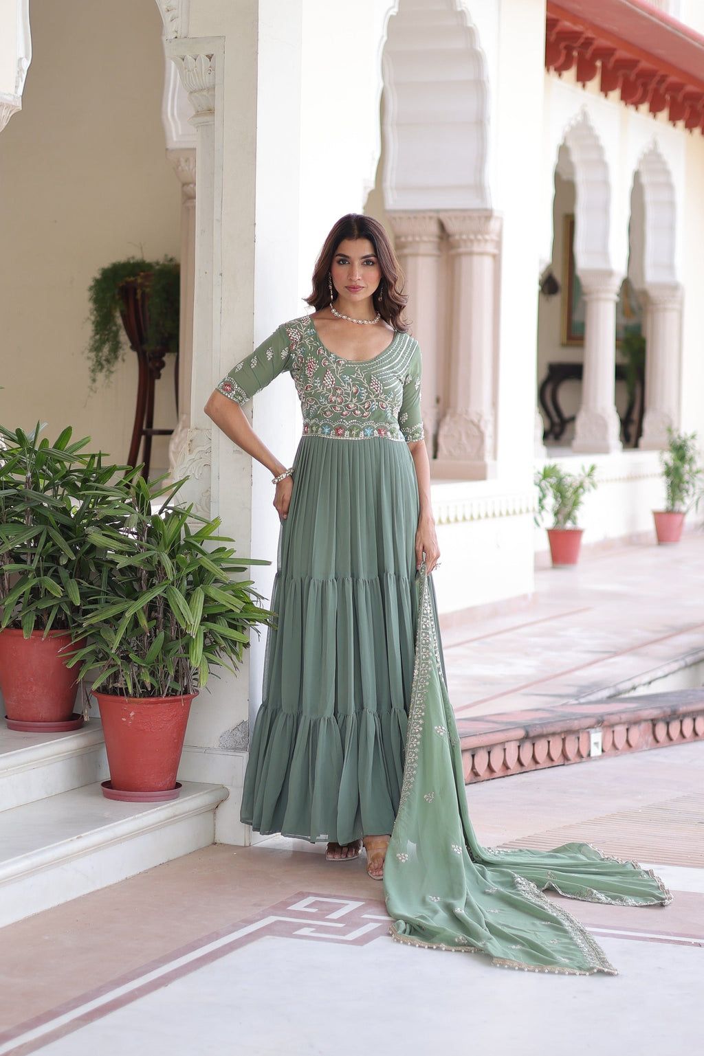 Sea Green Georgette gown with sequin and multithreaded bead embroidery and matching dupatta