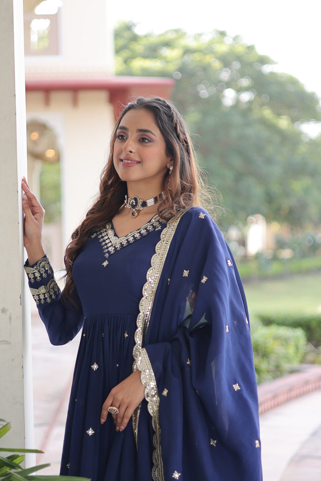 Blue Vichitra Silk Gown With Rich Sequins Embroidery