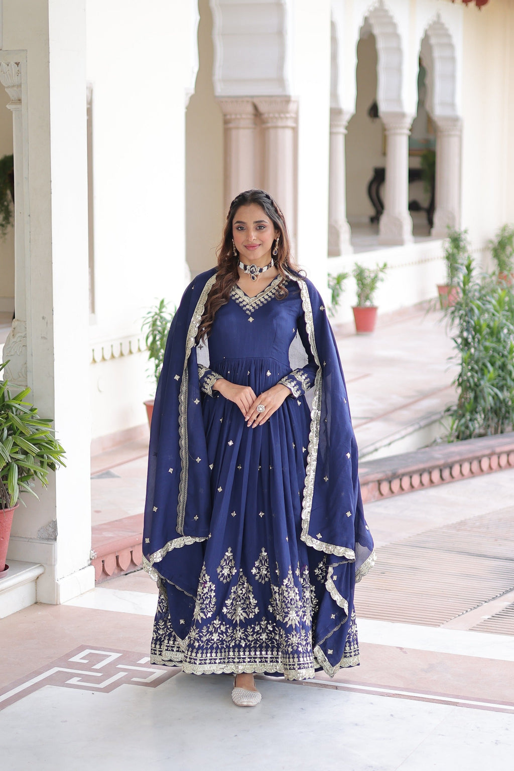 Blue Vichitra Silk Gown With Rich Sequins Embroidery