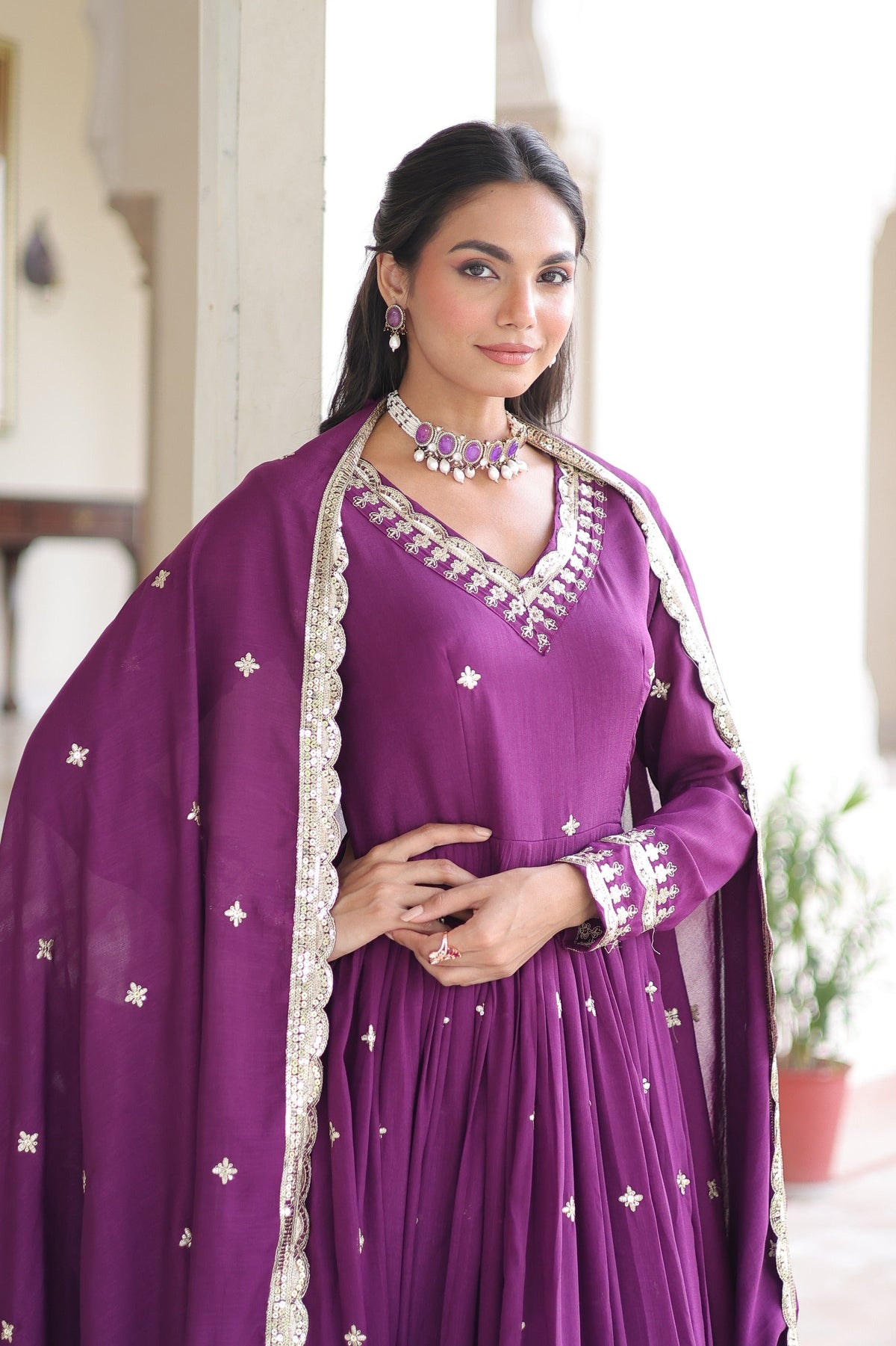 Wine Vichitra Silk Gown with Rich Sequin Embroidery and Dupatta