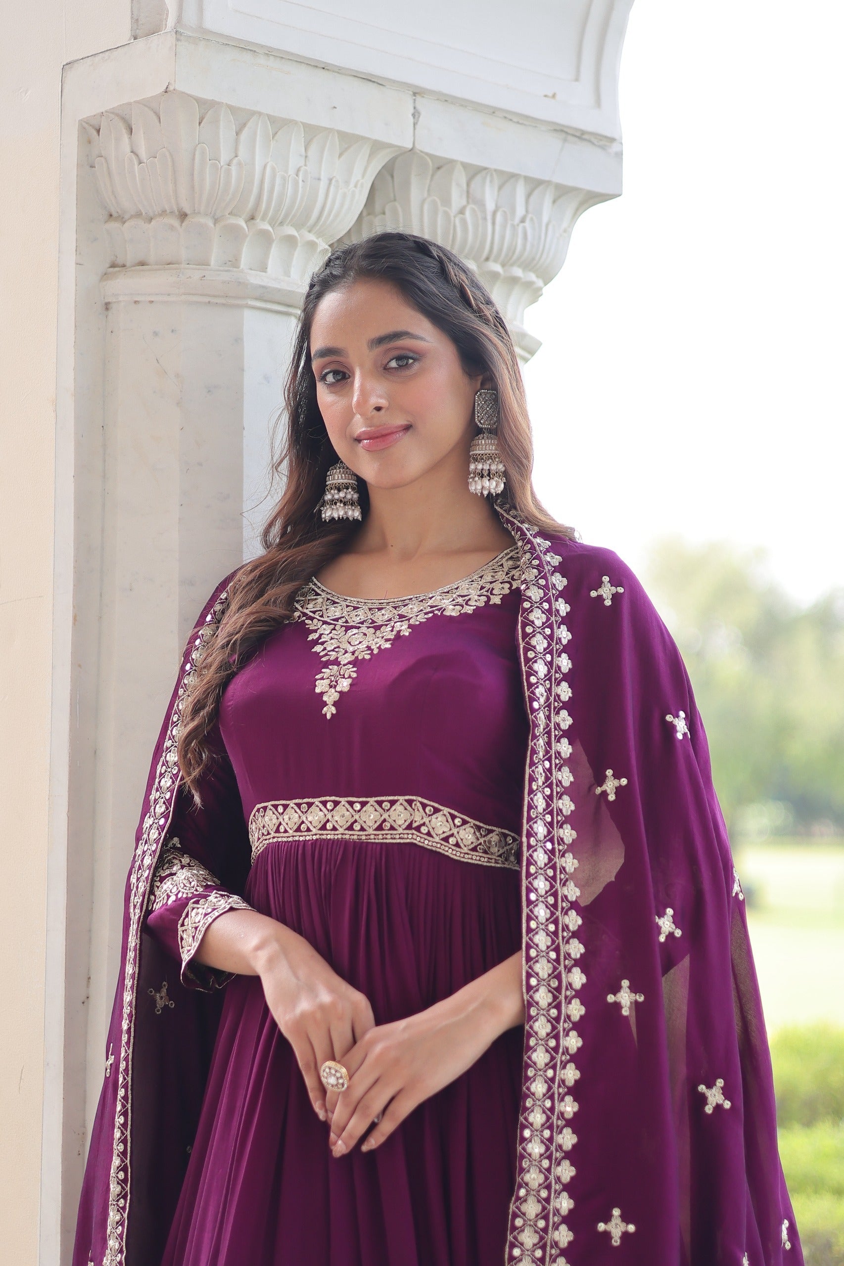 Purple Vichitra Silk Gown With Rich Sequins Embroidered Dupatta