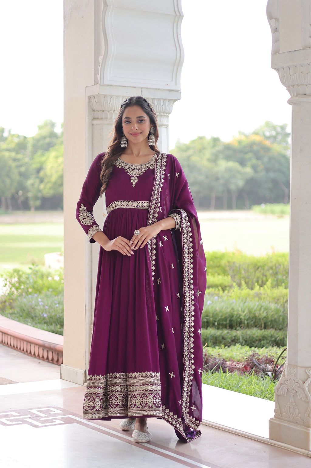 Purple Vichitra silk gown with sequins embroidery and matching dupatta