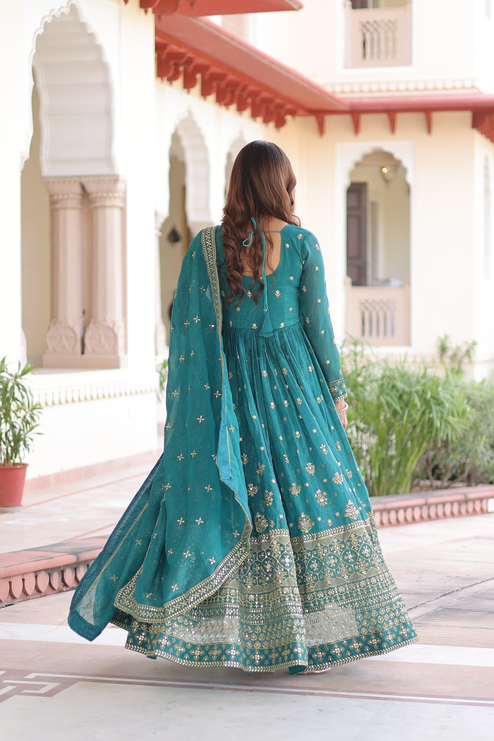 Teal Silver Crunchy Sequin Embroidered Gown with Dupatta