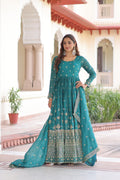 Teal Silver Crunchy Sequin Embroidered Gown with Dupatta