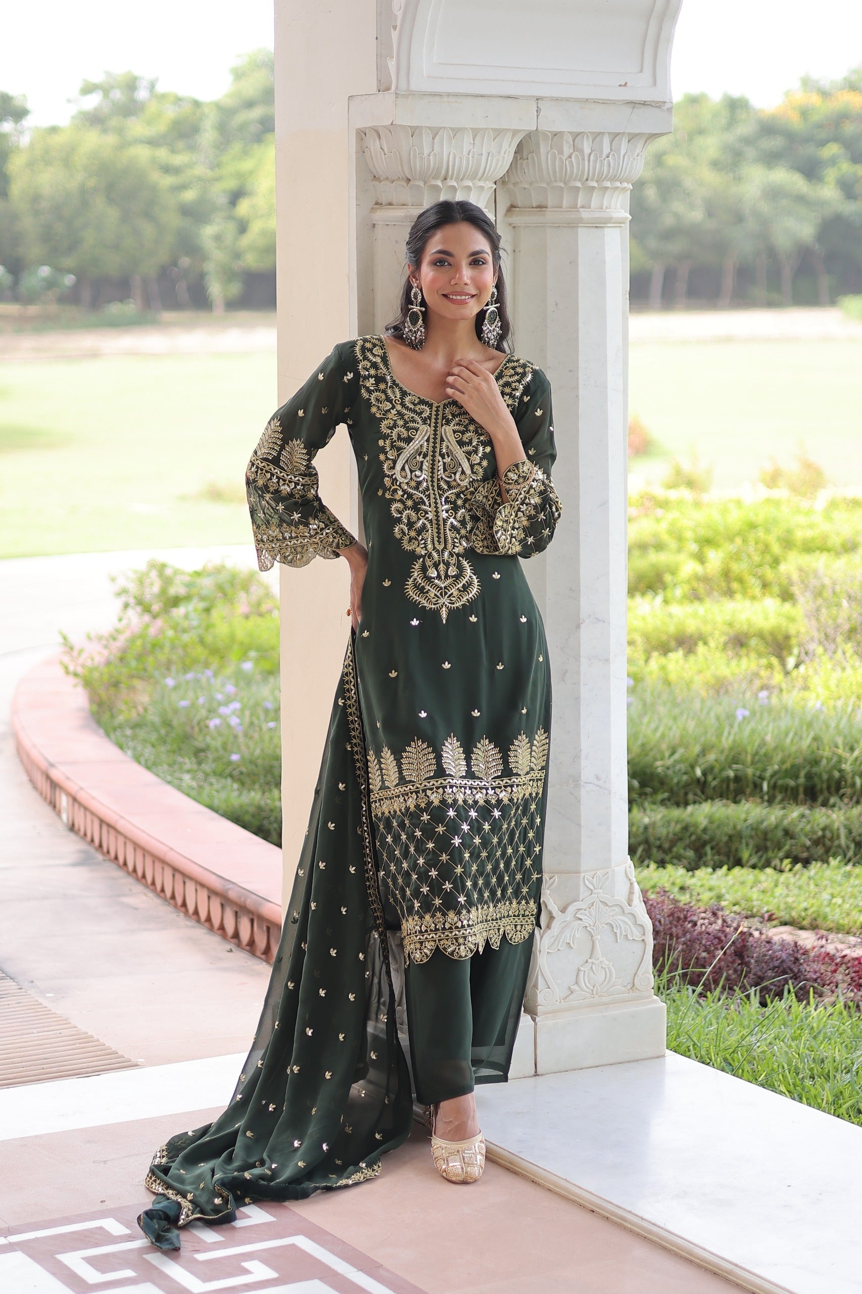 Dark Green Georgette Embroidered Designer Salwar Suit Set