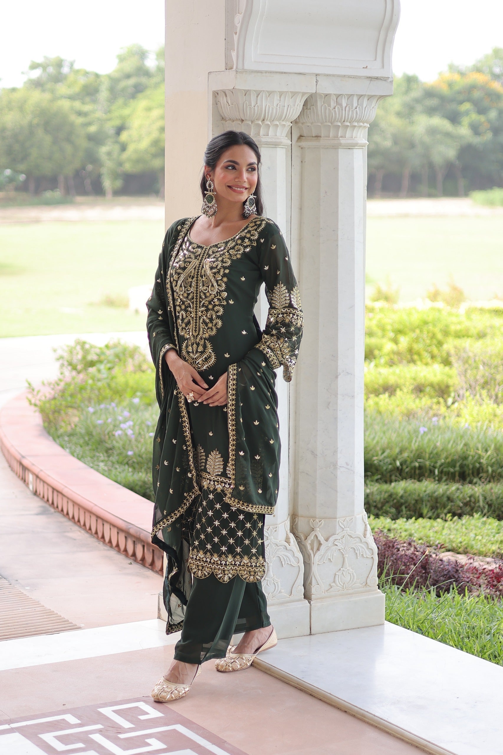Dark Green Georgette Embroidered Designer Salwar Suit Set