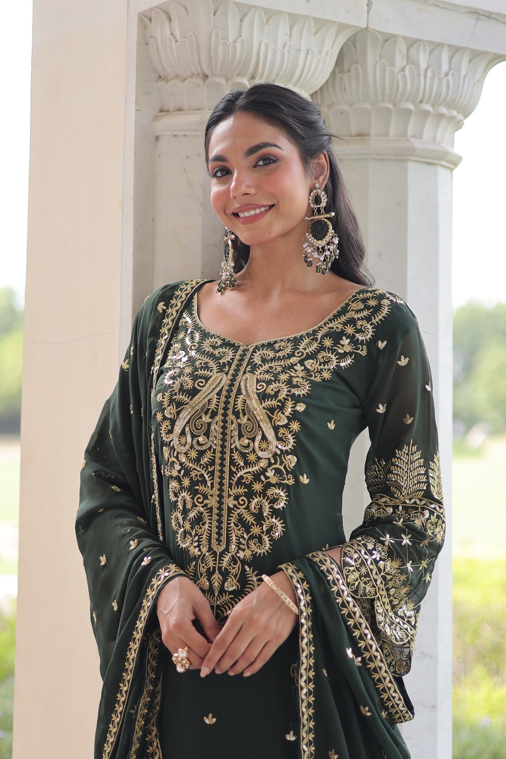 Dark Green Georgette Embroidered Designer Salwar Suit Set