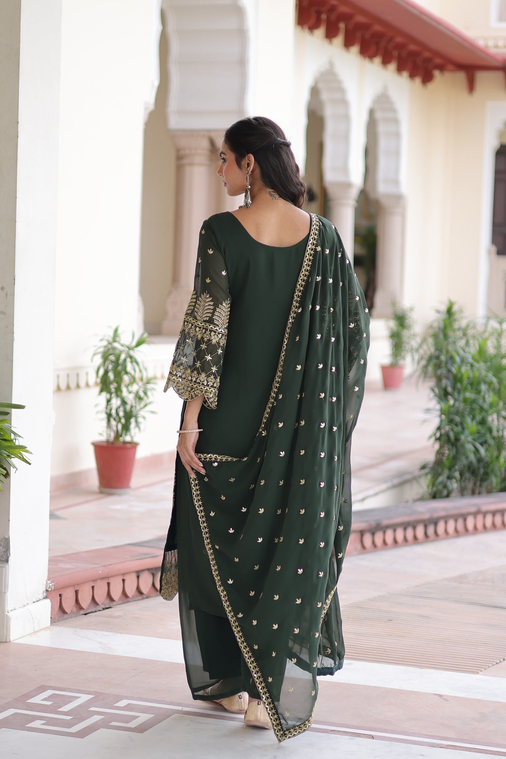 Dark Green Georgette Embroidered Designer Salwar Suit Set
