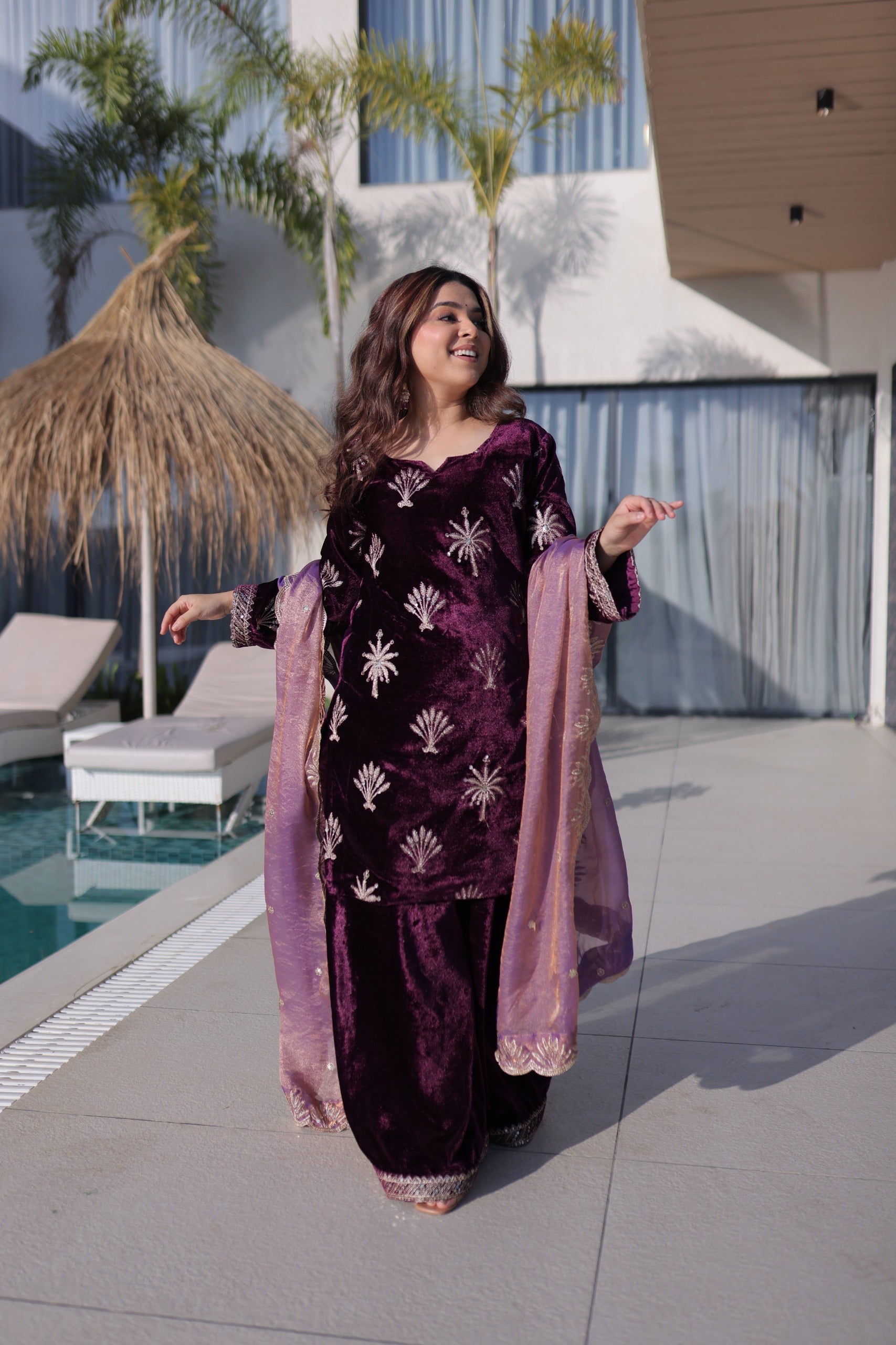 Prazu Fashion Wine Velvet Rich Zari Embroidered Work Palazzo Suit