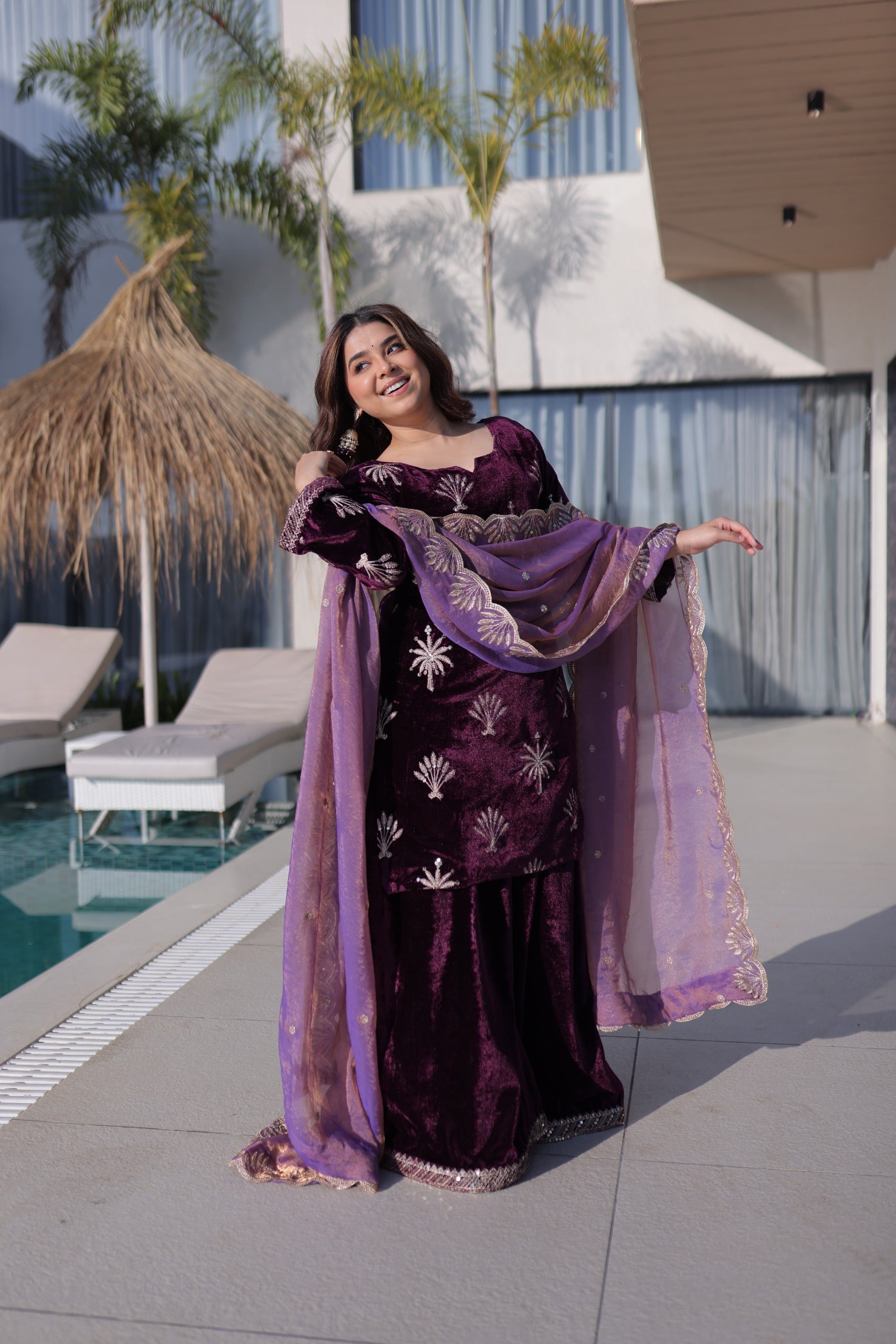 Prazu Fashion Wine Velvet Rich Zari Embroidered Work Palazzo Suit
