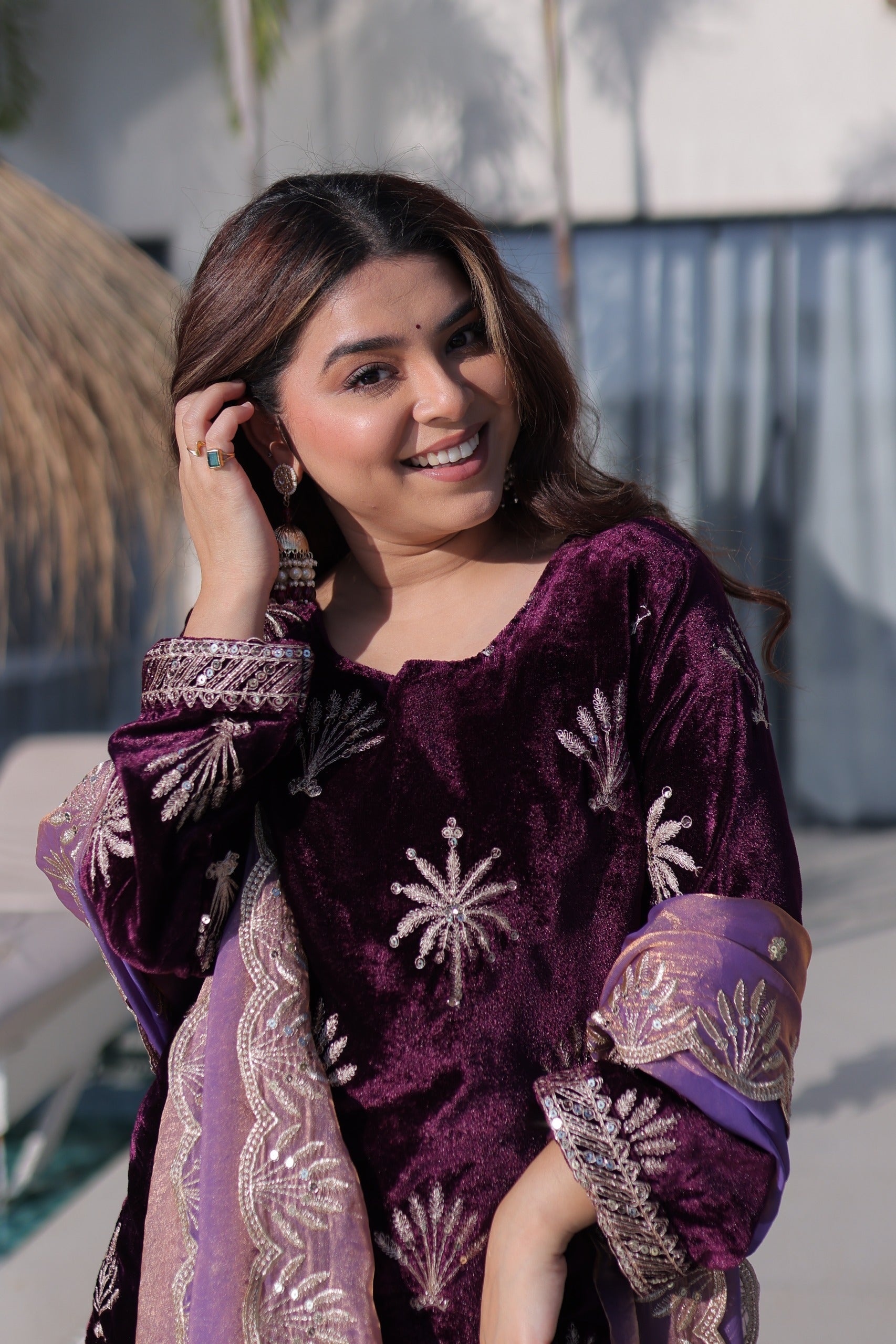 Prazu Fashion Wine Velvet Rich Zari Embroidered Work Palazzo Suit