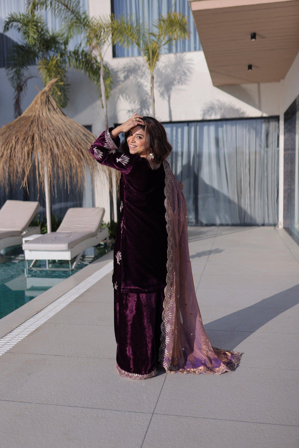 Prazu Fashion Wine Velvet Rich Zari Embroidered Work Palazzo Suit
