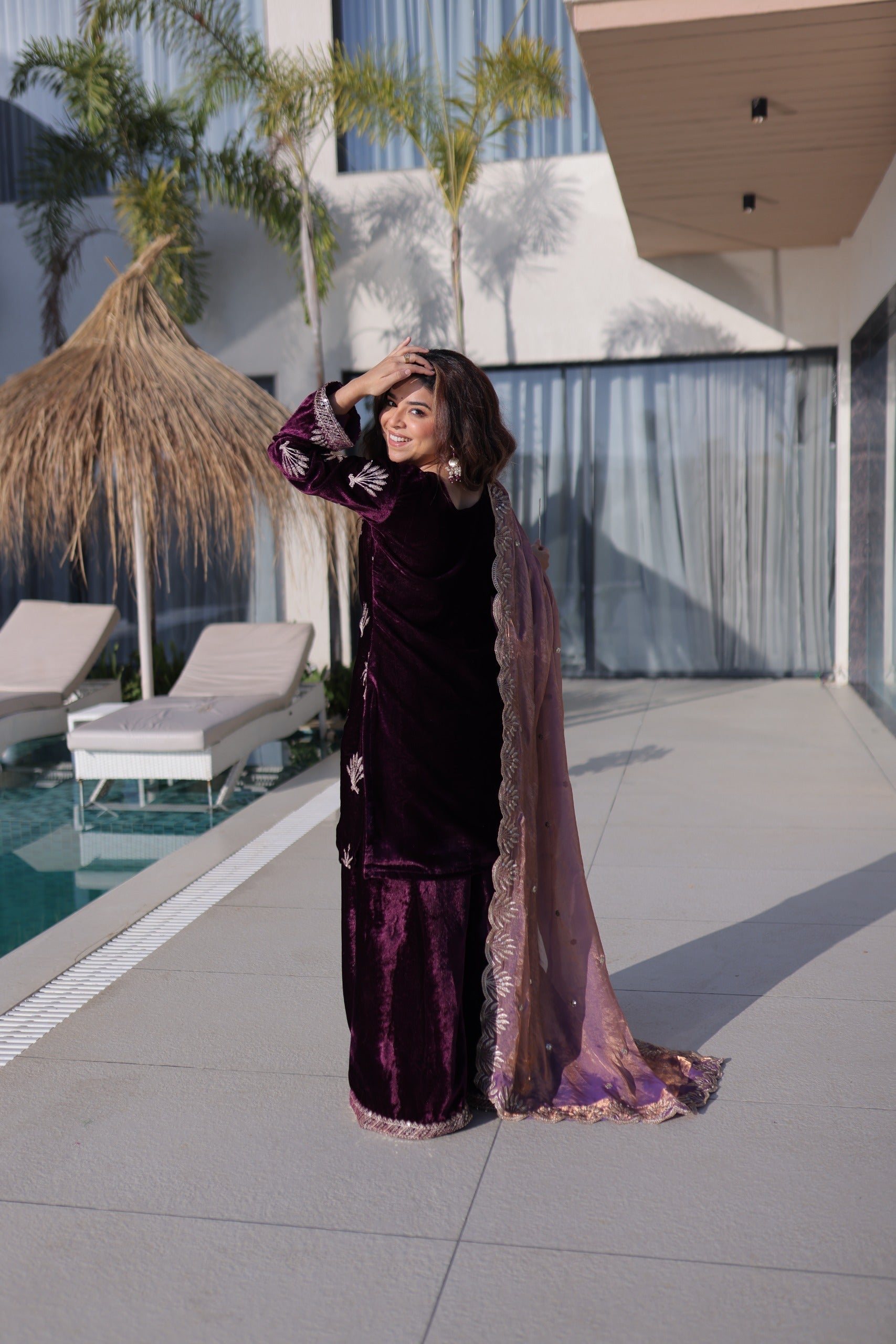 Prazu Fashion Wine Velvet Rich Zari Embroidered Work Palazzo Suit
