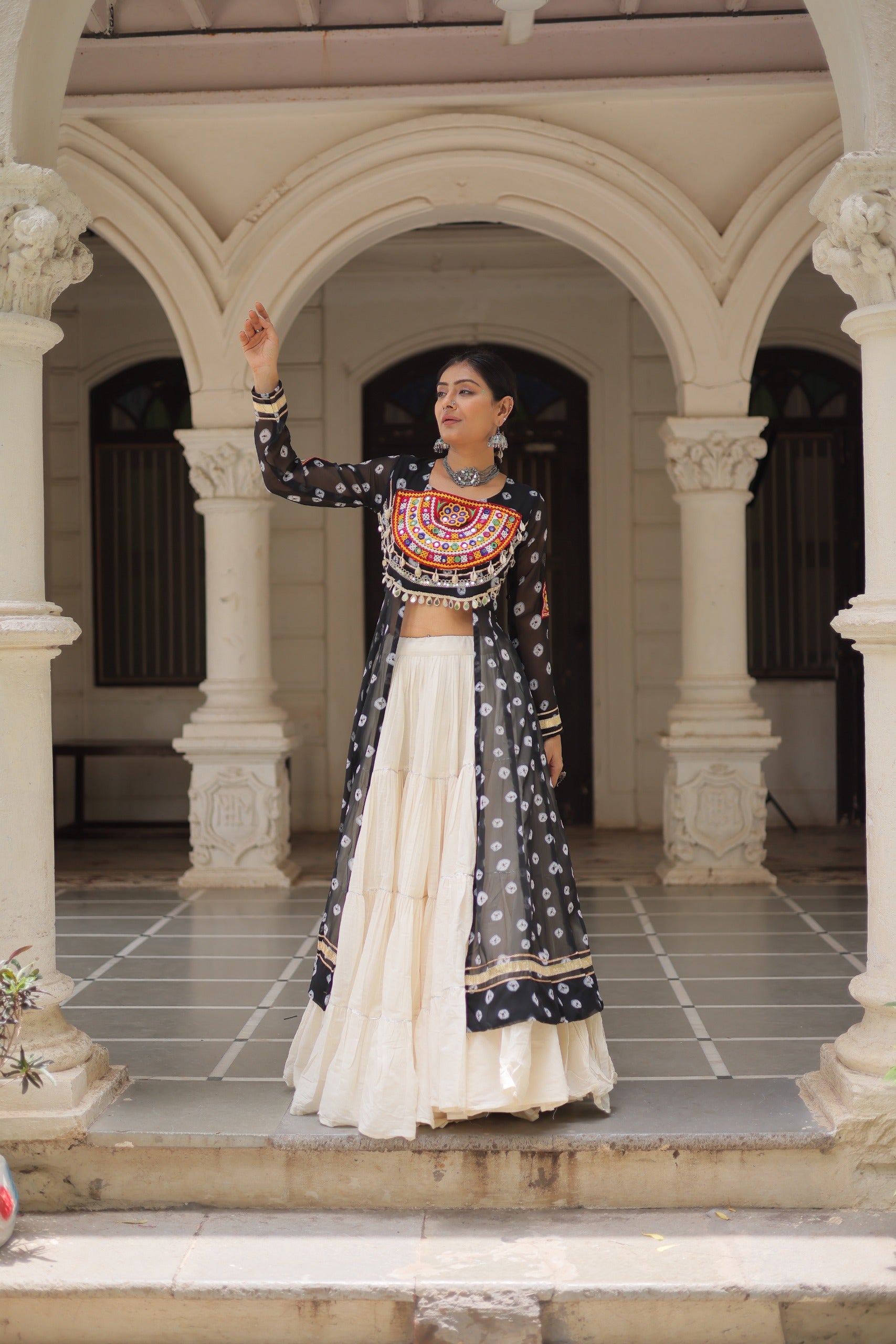 Black Georgette Bandhani Print Lehenga Kurti With Kutchi Patchwork
