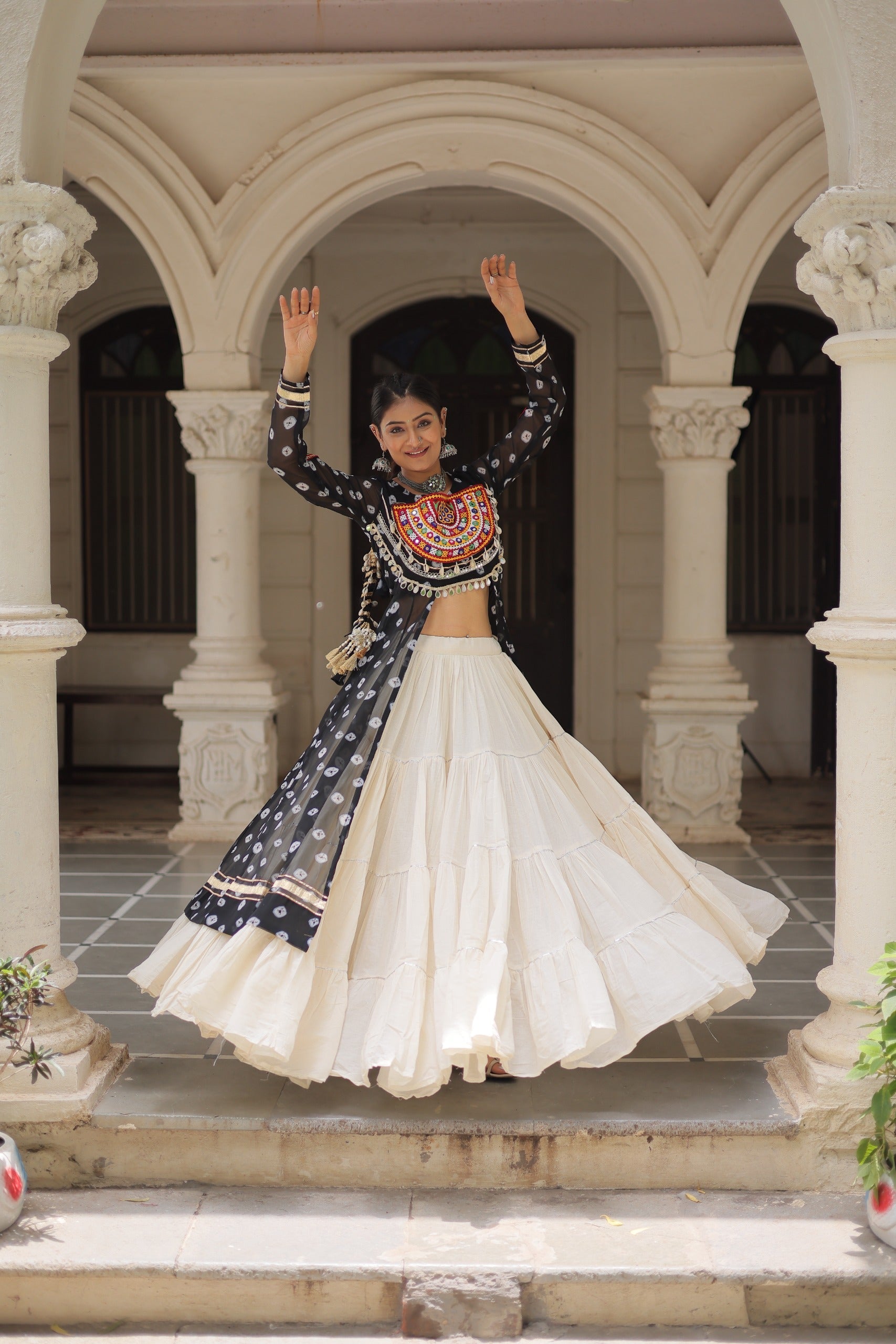 Black Georgette Bandhani Print Lehenga Kurti With Kutchi Patchwork