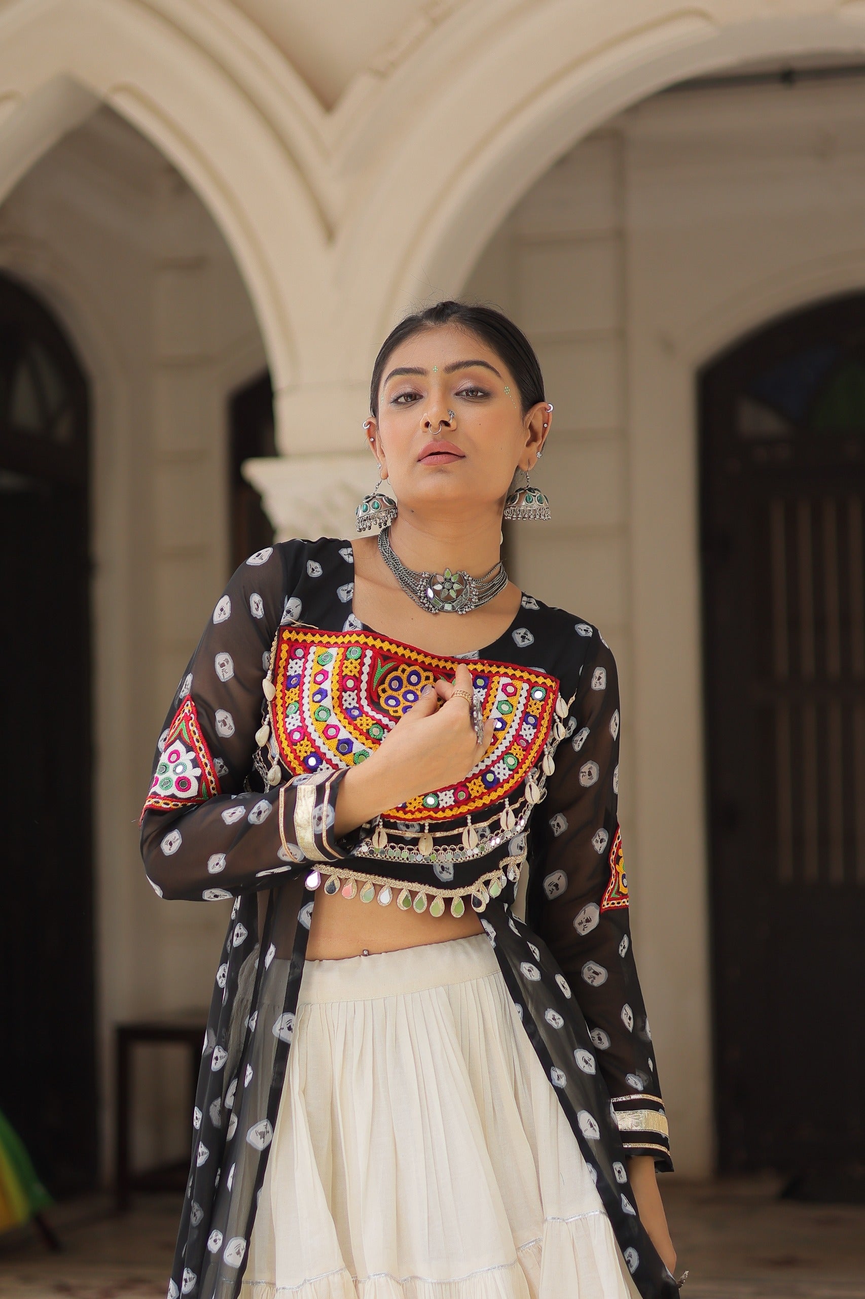 Black Georgette Bandhani Print Lehenga Kurti With Kutchi Patchwork