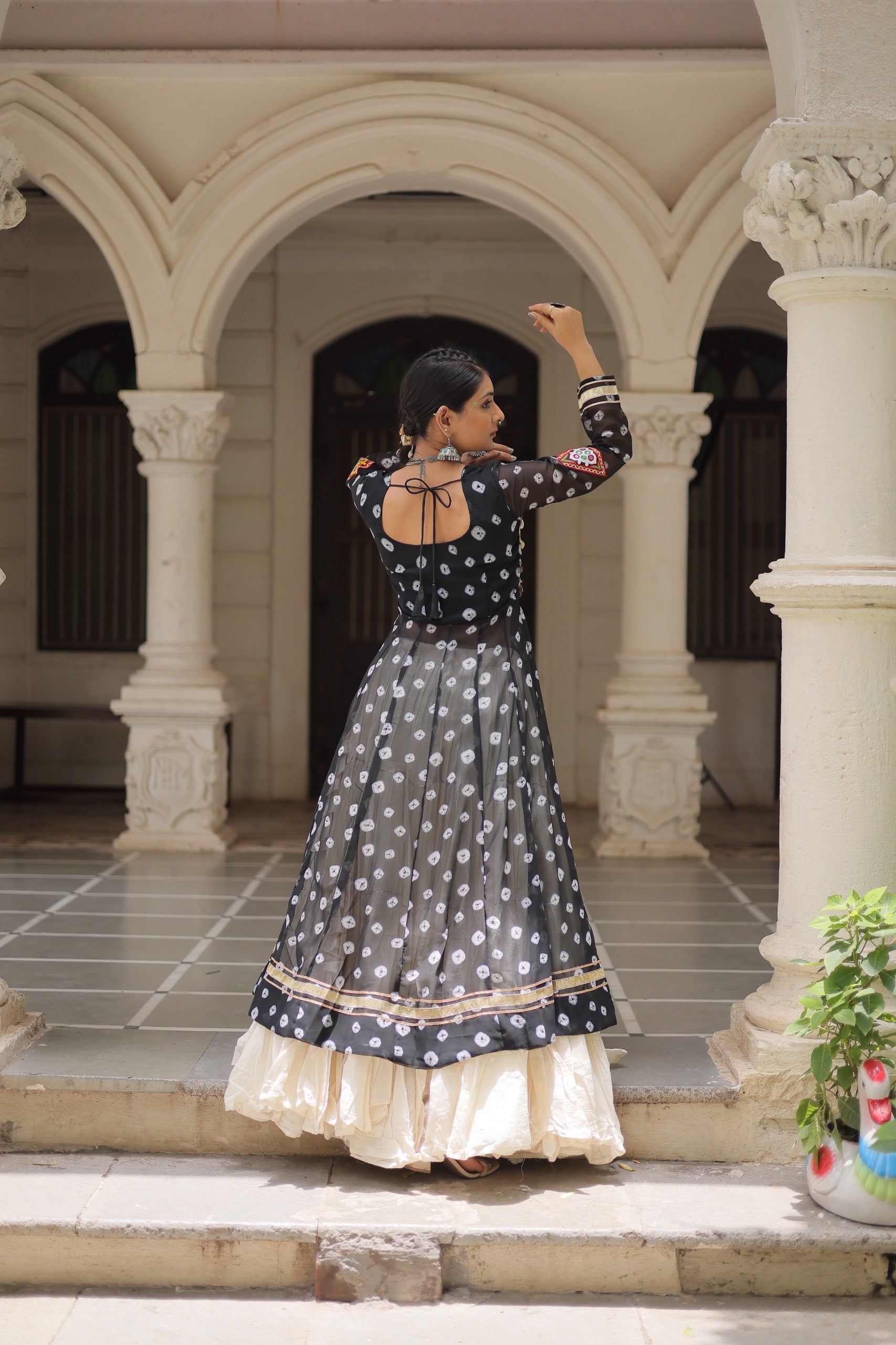 Black Georgette Bandhani Print Lehenga Kurti With Kutchi Patchwork