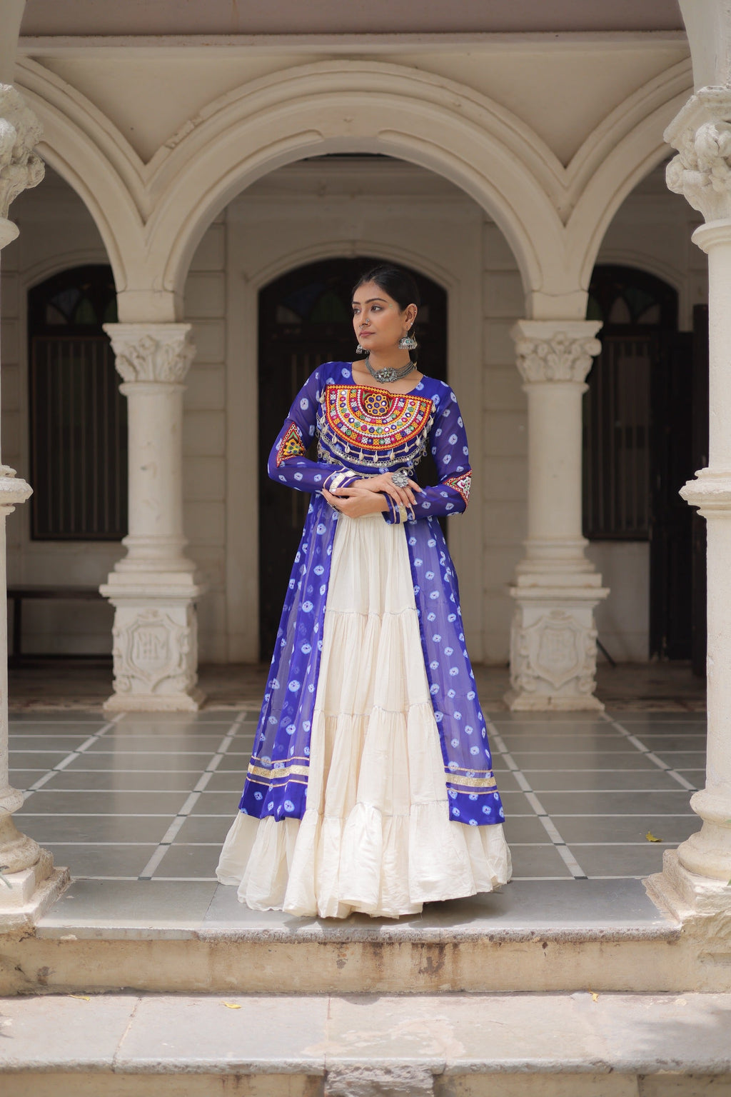 Blue Georgette Bandhani Print Lehenga with Kutchi Patchwork