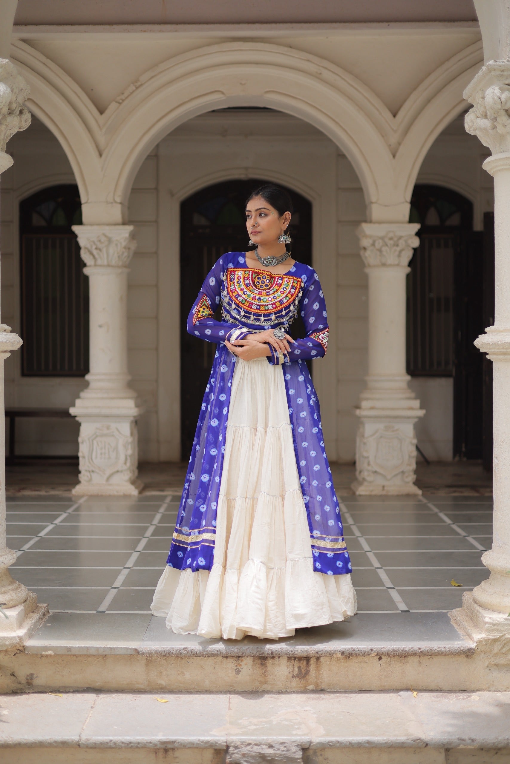 Blue Georgette Bandhani Print Lehenga with Kutchi Patchwork