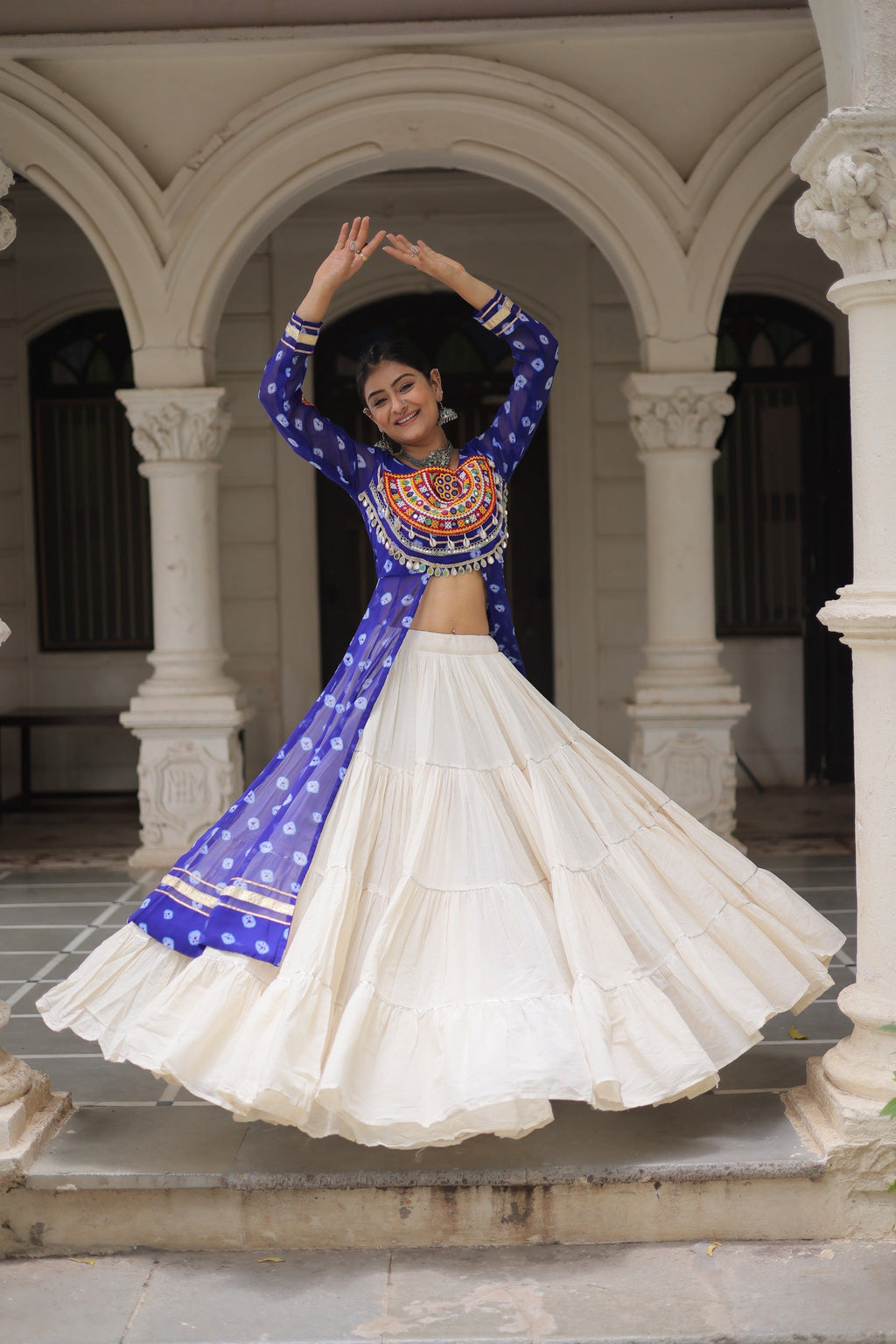 Blue Georgette Bandhani Print Lehenga with Kutchi Patchwork
