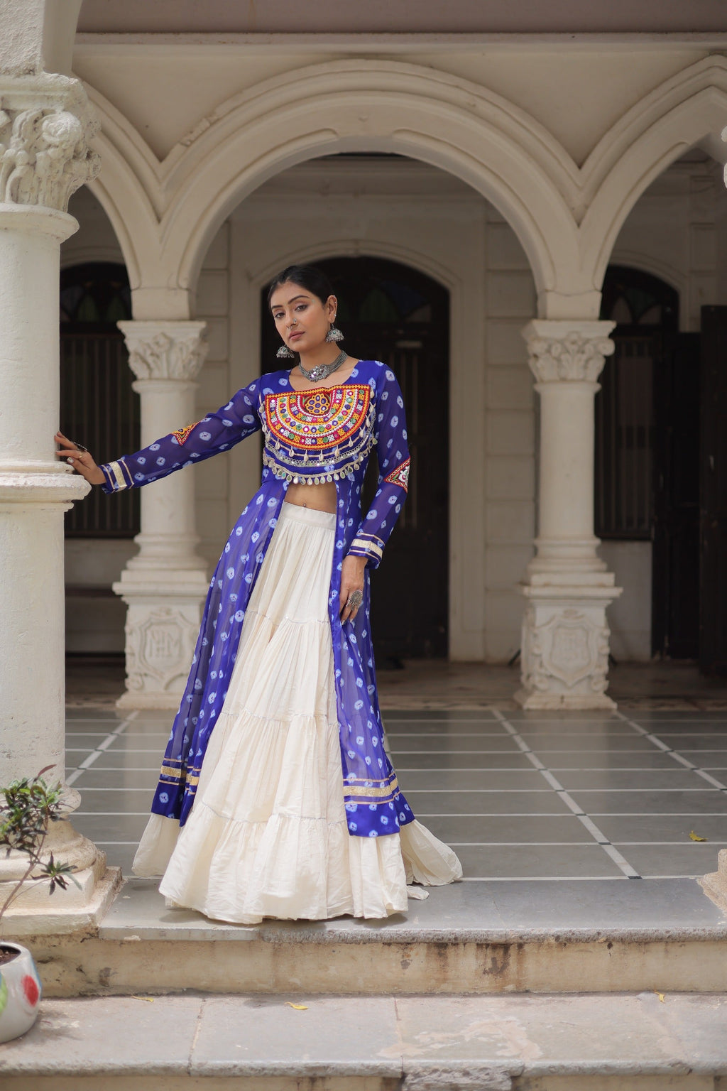 Blue Georgette Bandhani Print Lehenga with Kutchi Patchwork