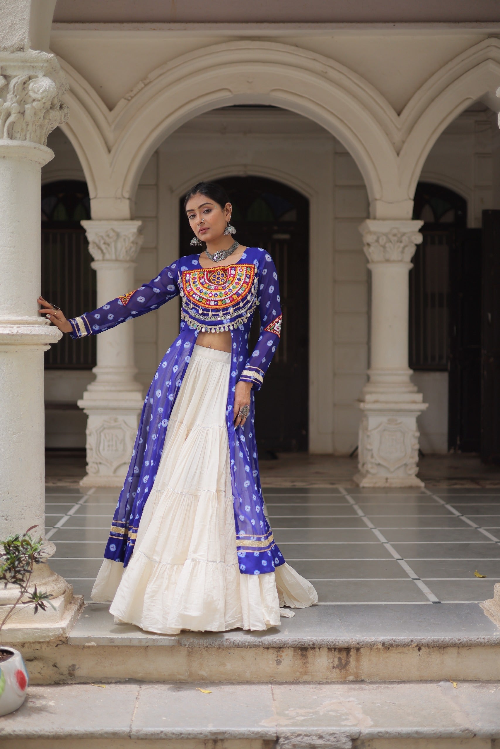Blue Georgette Bandhani Print Lehenga with Kutchi Patchwork