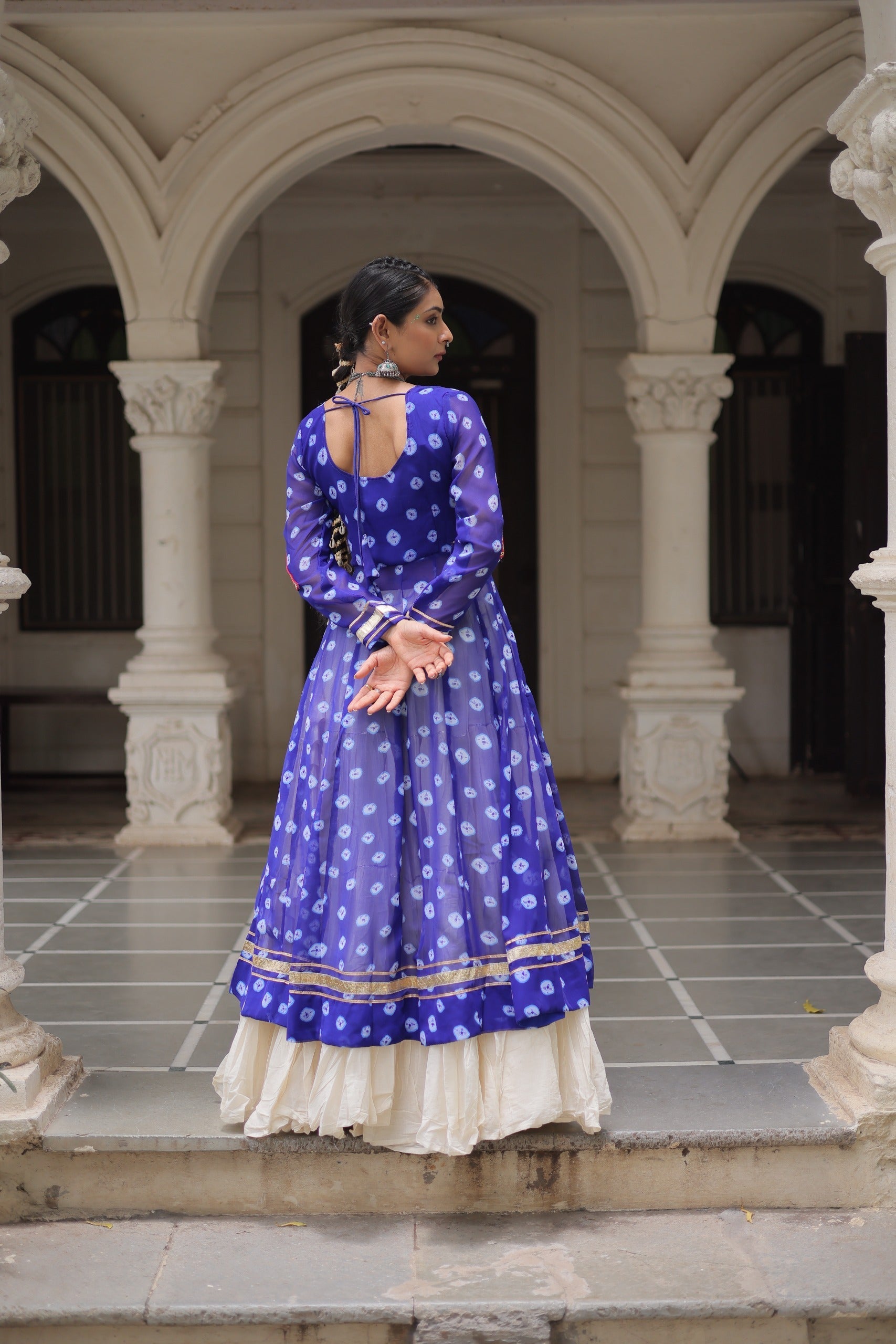 Blue Georgette Bandhani Print Lehenga with Kutchi Patchwork