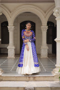 Blue Georgette Bandhani print lehenga with detailed Kutchi patchwork design