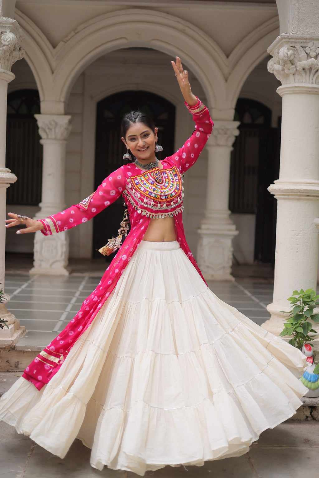 Pink Georgette Bandhani Print Navratri Lehenga With Kutchi Patchwork